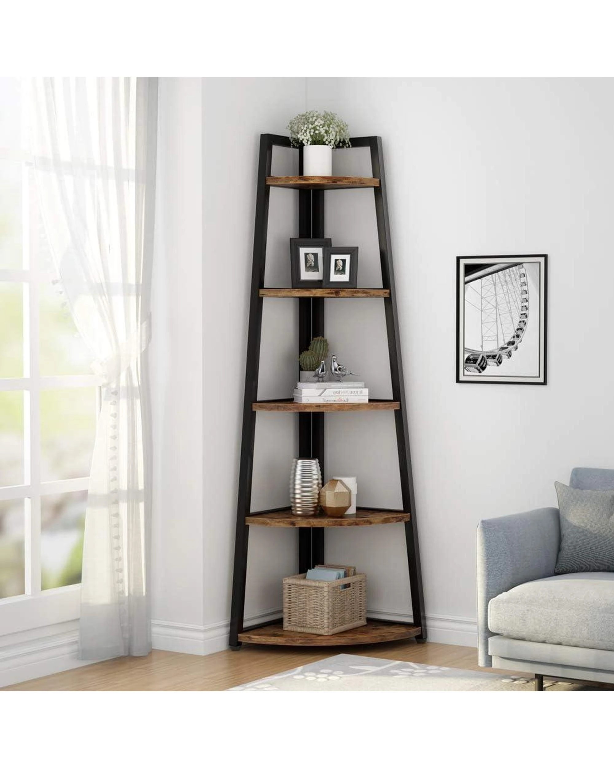 3 OAKORY 178cm Corner Shelf 5 Tier Storage Rack Bookcase Plant Stand Brown, 3 of 6