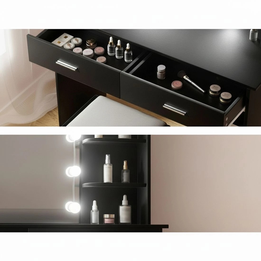 7 Artiss Dressing Table Set Stool 10 Led Bulbs  Dulcea - Black, 7 of 8