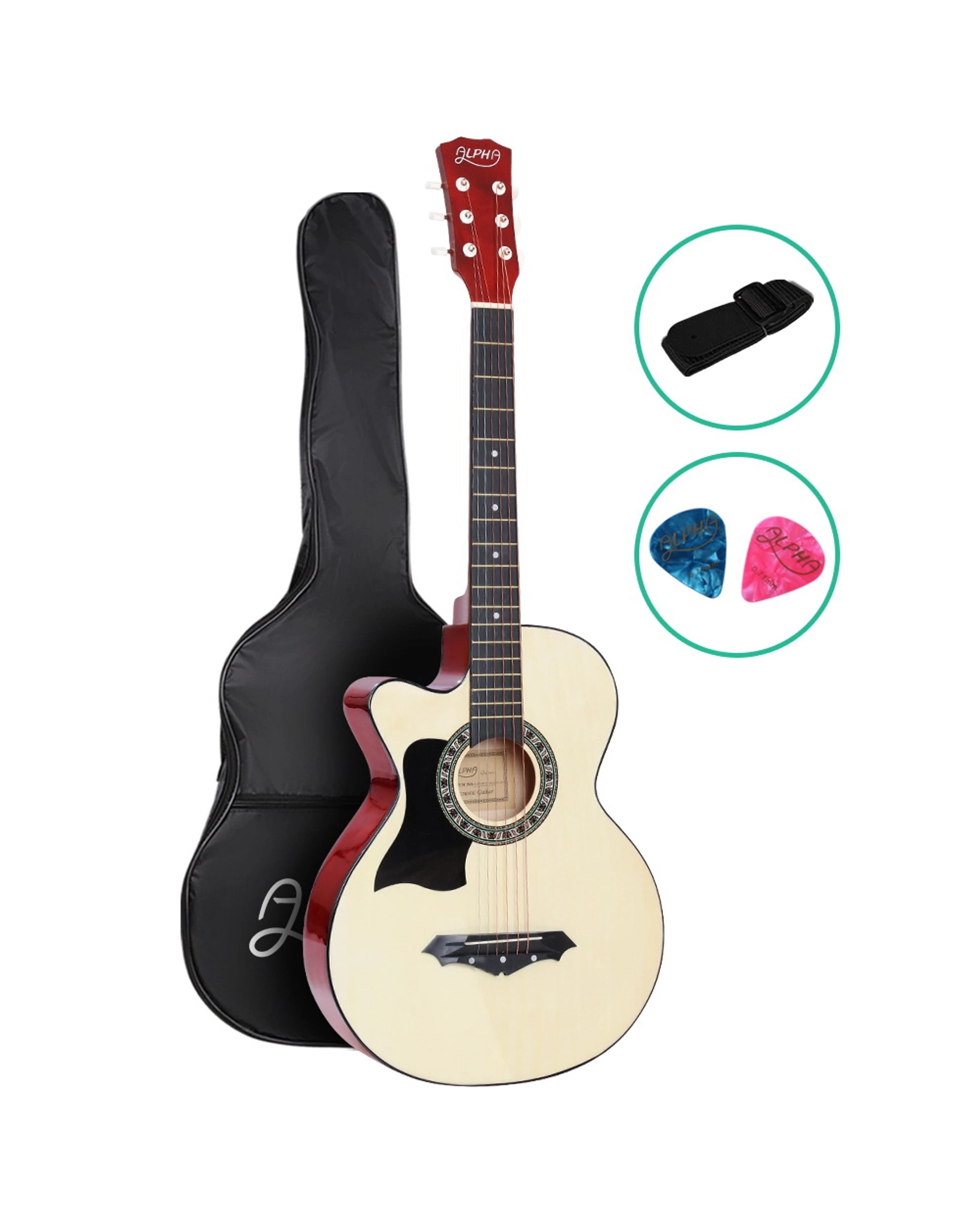 1 Alpha 38 Inch Acoustic Guitar Wooden Body Steel String Full Size Left Handed - Natural, 1 of 7