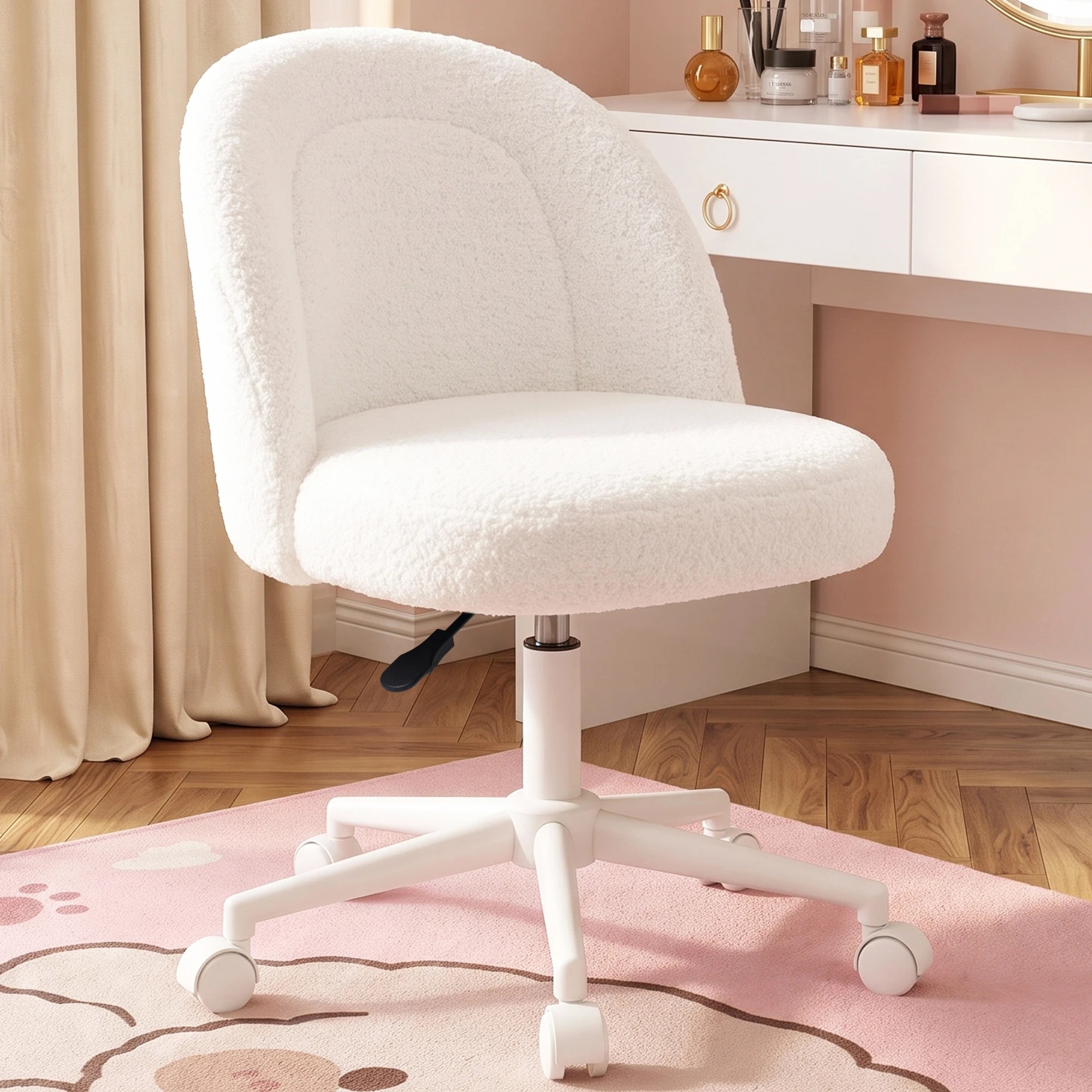 2 Advwin Teddy Fleece Vanity Chair Swivel Makeup Desk Chair with Wheels - White, 2 of 8