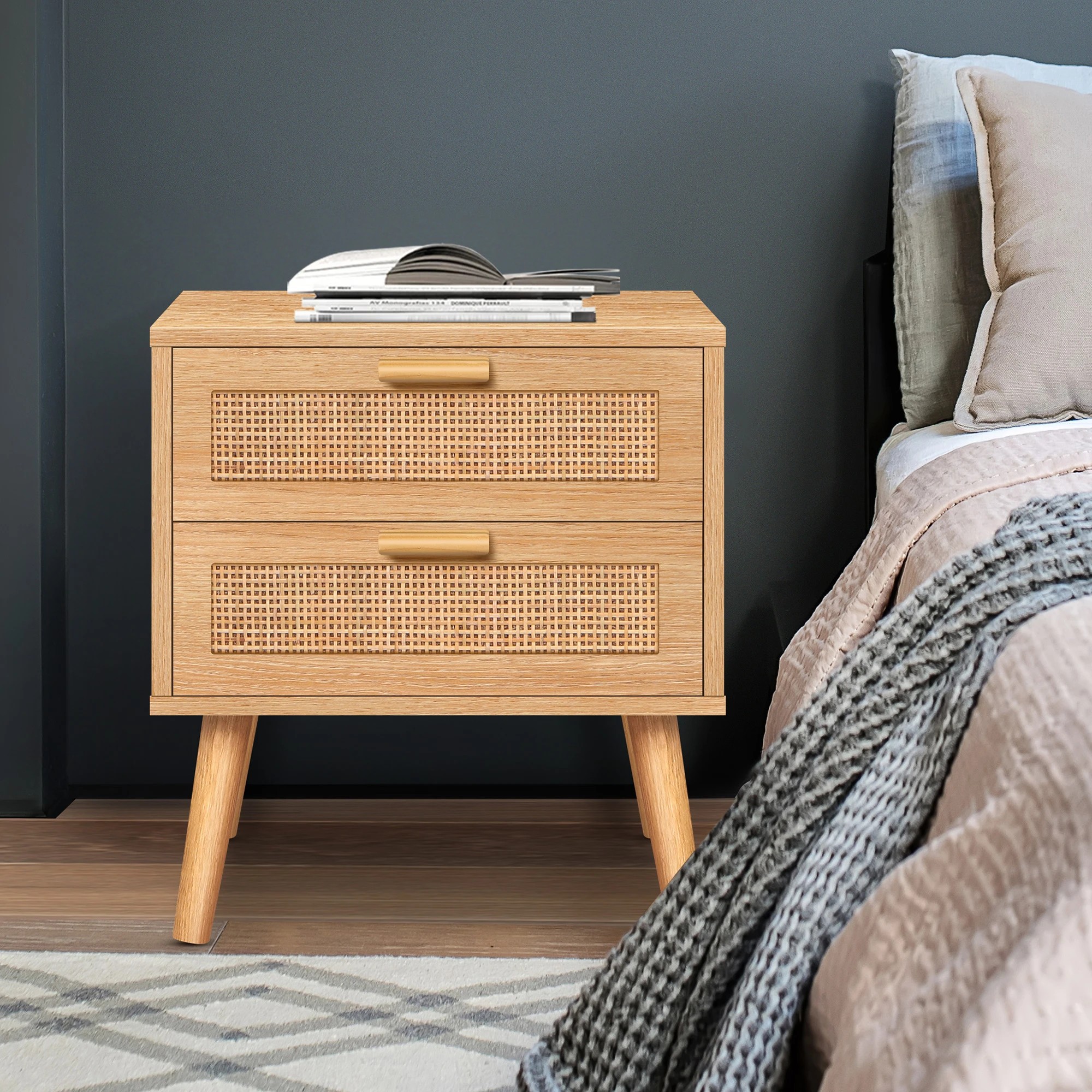 5 Alfordson Bedside Table Nightstand Side Storage Cabinet Boho Rattan - Wood, 5 of 10