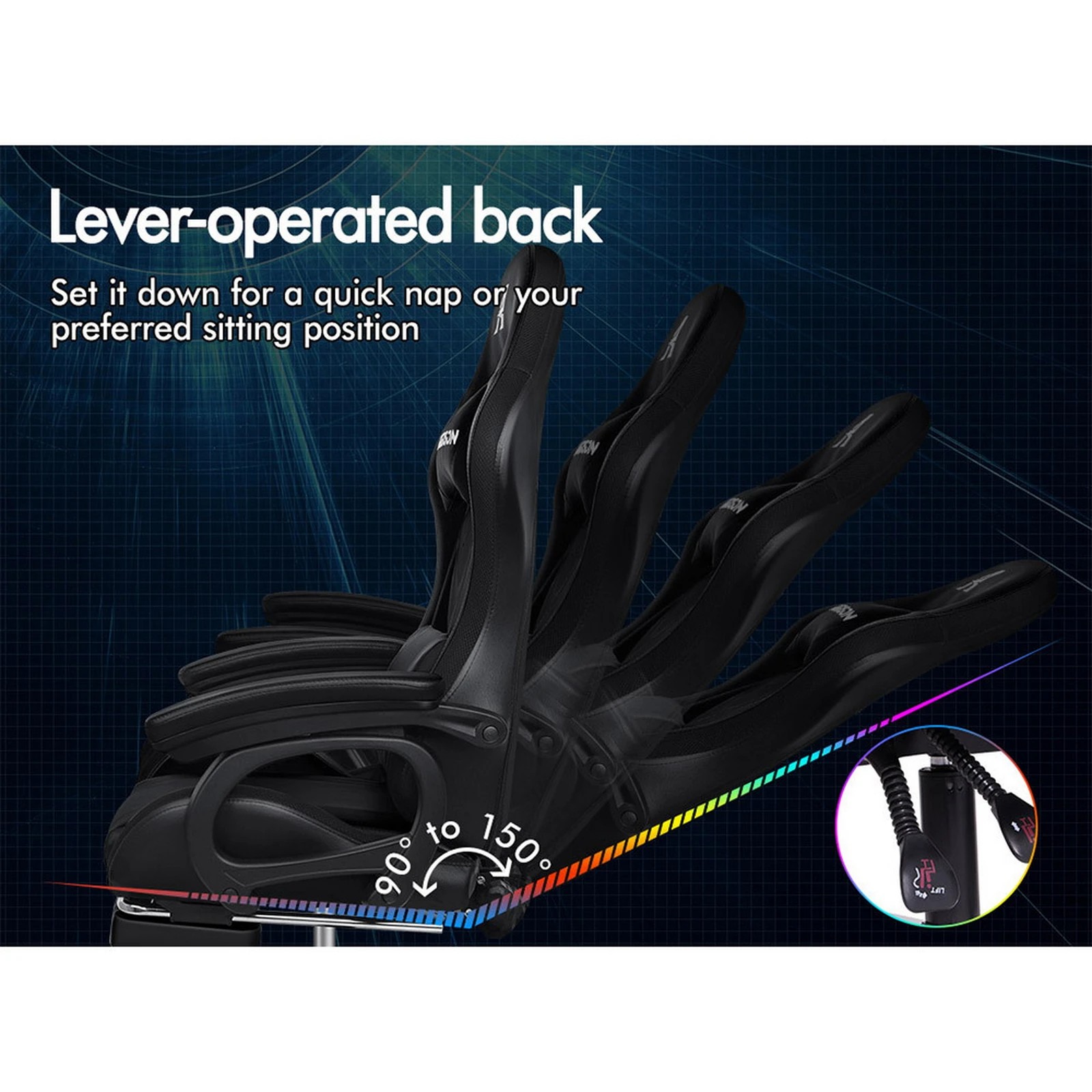 6 Alfordson Gaming Office Chair 12 RGB LED Massage Computer Seat Footrest - Black, 6 of 7