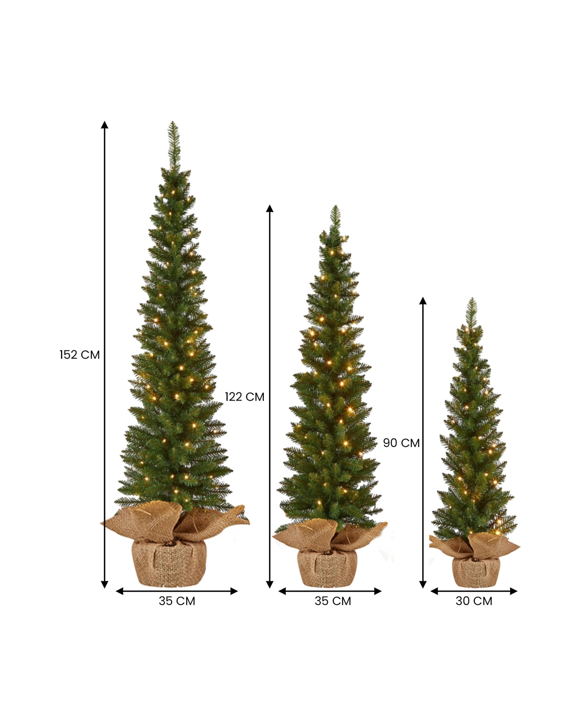 3 Christabelle Set Of 3 Pre-lit Christmas Trees Green Pine Led Lights Hessian Base Individual Plugs Varying Heights, 3 of 9
