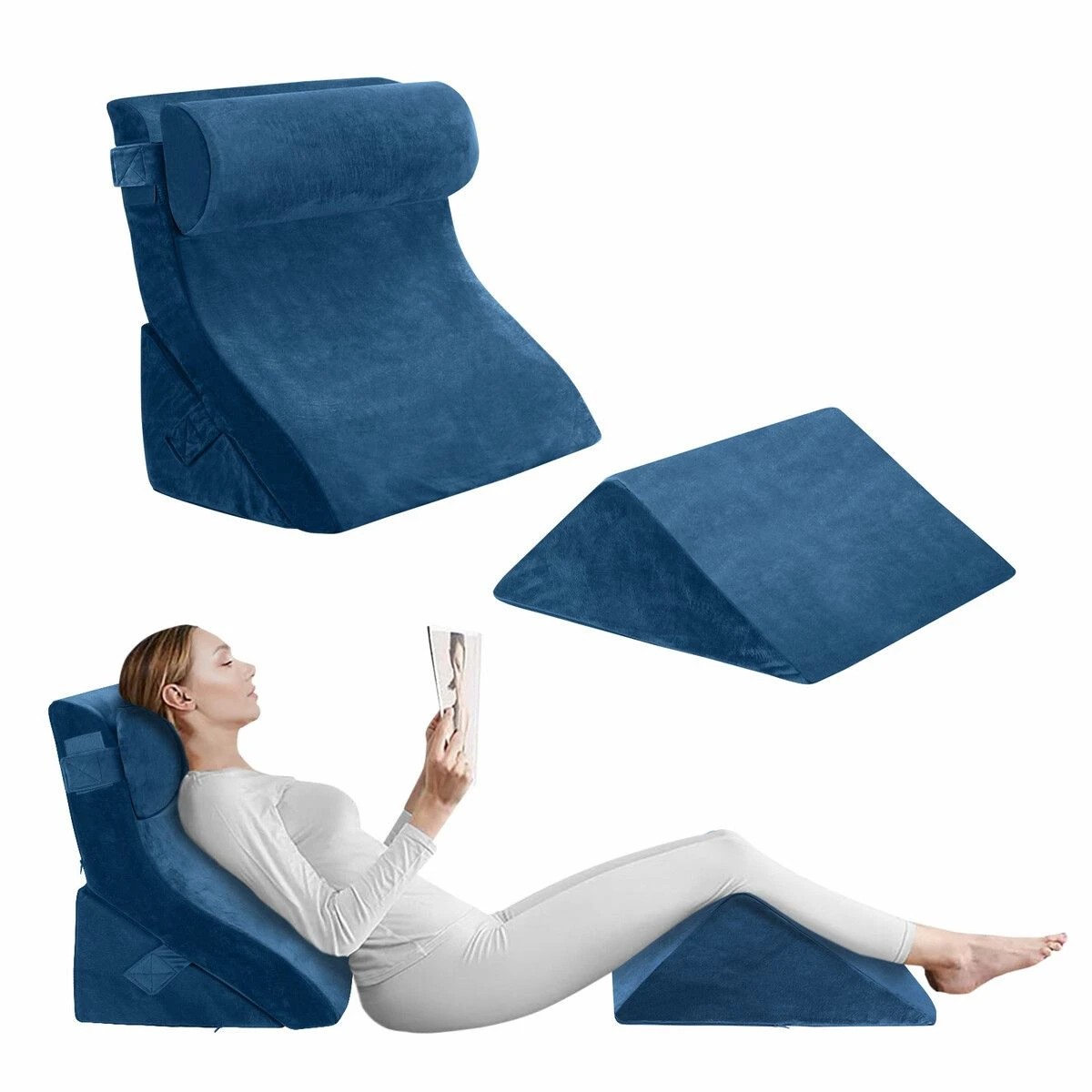 2 LUXDREAM 4pcs Bed Wedge Pillow Set Head Neck Back Leg Memory Foam Support Adjustable Triangular Velvet Fabric Cushion, 2 of 3