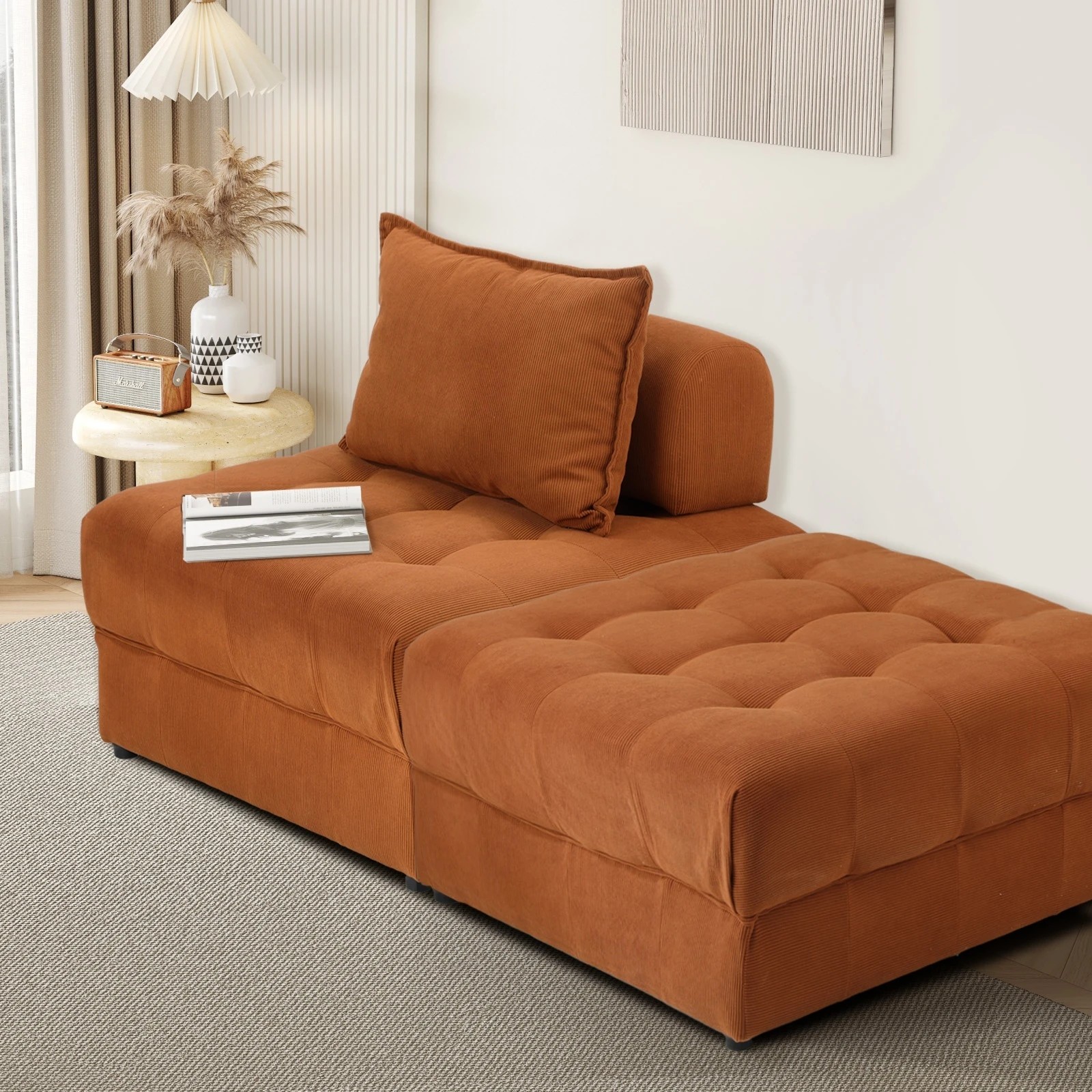 6 Oikiture 2 Seater Velvet Modular Sofa & Ottoman Set Armless Tofu Back
 - Brown - Brown, 6 of 7