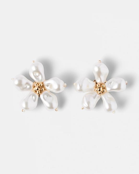 Faux Pearl Flower Stud Earrings - Gold Tone