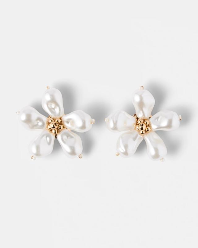Faux Pearl Flower Stud Earrings - Gold 
