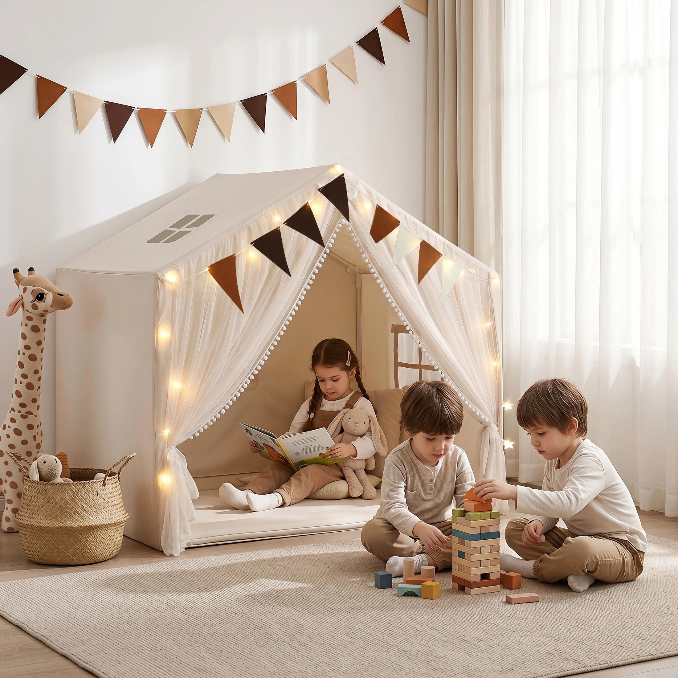 4 Keezi Kids Play Tent with Star Lights, Windows & Flag – 144x95cm Indoor Playhouse - Beige, 4 of 8
