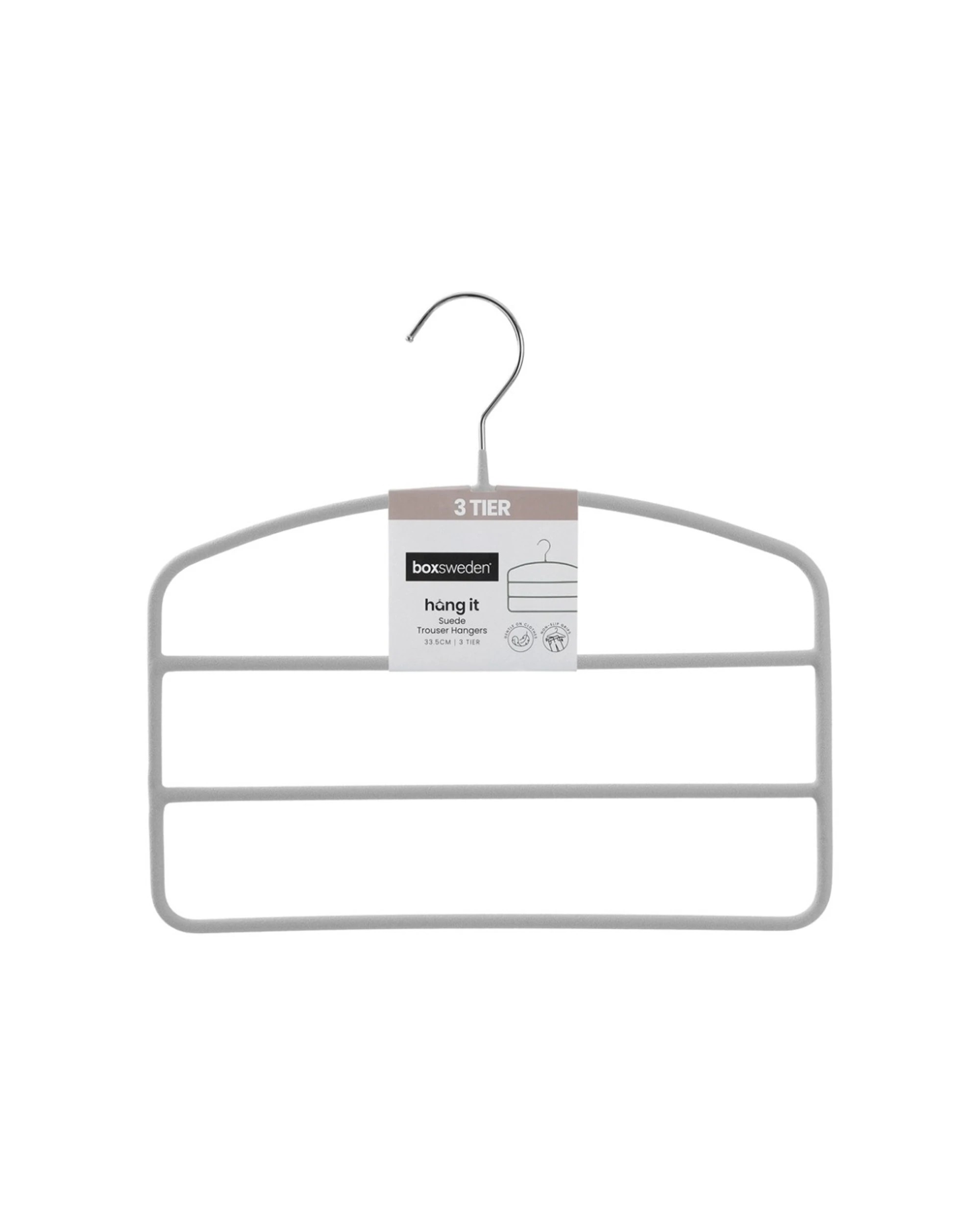 1 Boxsweden Hangit Suede 3 Tier Trouser Wardrobe Clothes Hanger Organiser - Grey, 1 of 4