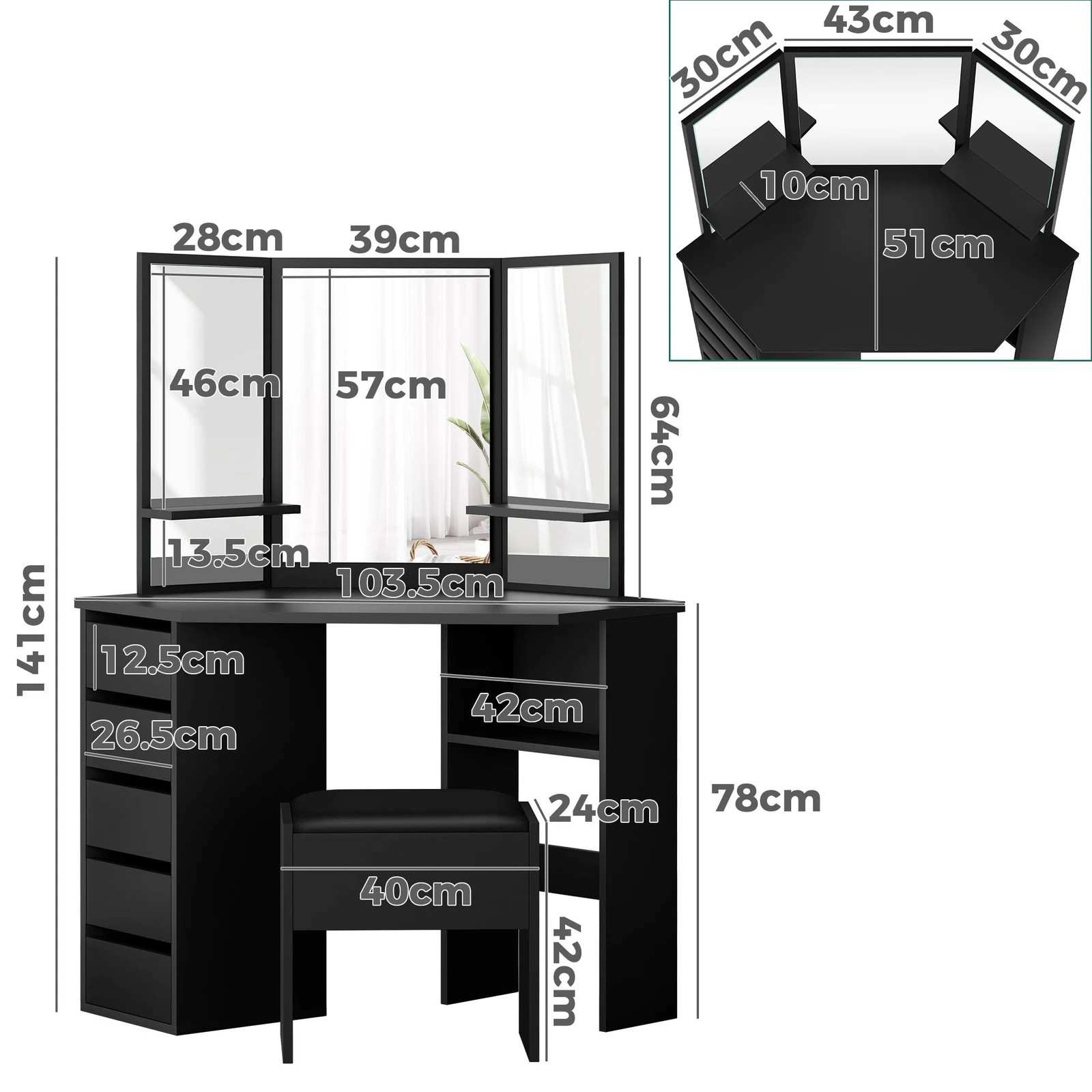 9 Alfordson Dressing Table Stool Set Makeup Tri-fold Mirror Vanity Desk - Black, 9 of 10