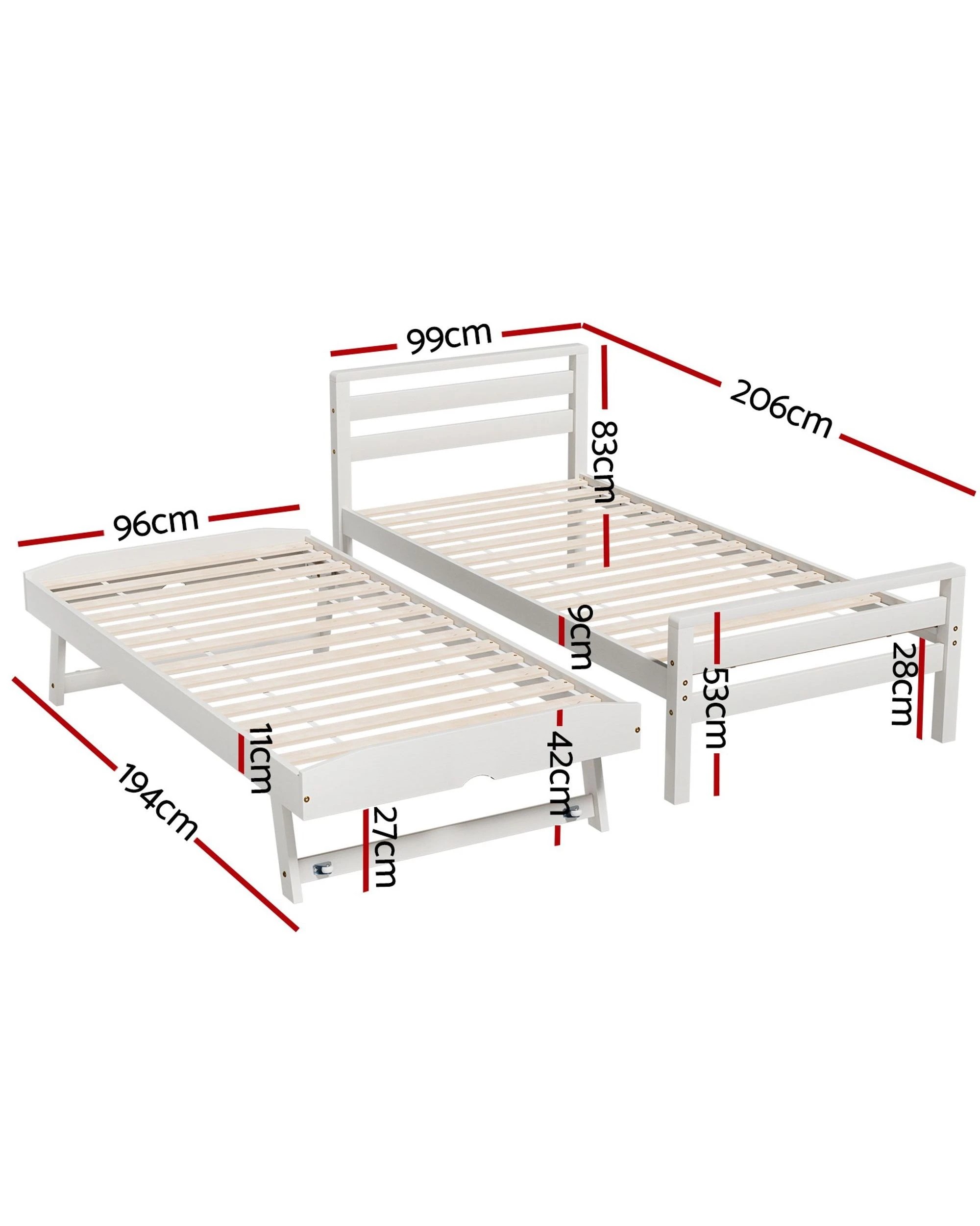 2 Artiss Bed Frame Single Size 2-in-1 Trundle Wooden  AVIS - White, 2 of 7