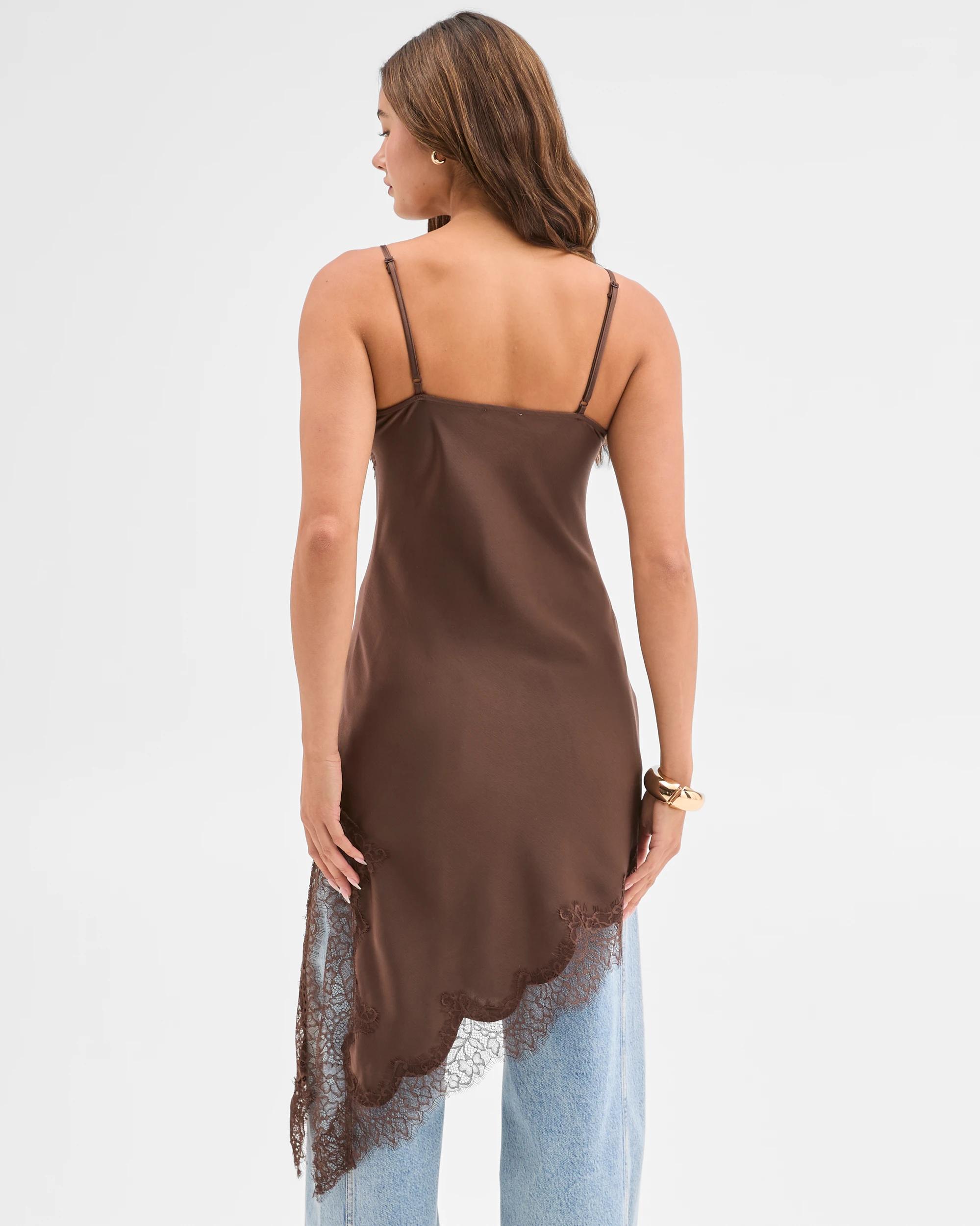7 Lily Loves Satin Lace Trim Cami Midi Dress CHOCOLATE, 7 of 7