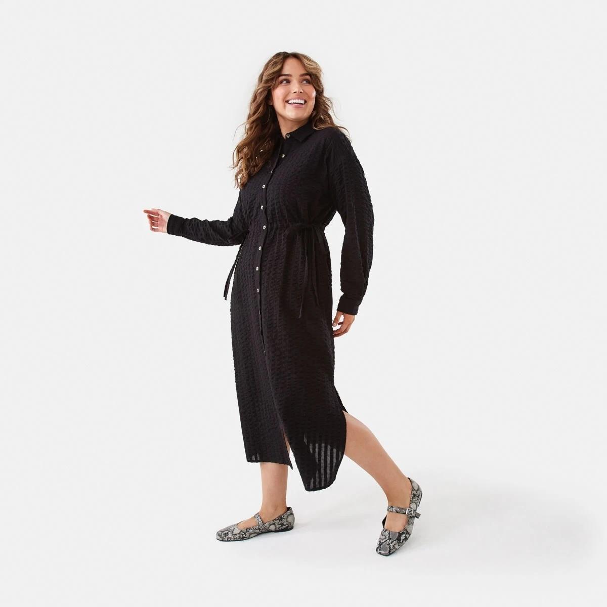 2 Long Sleeve Ruched Front Midi Shirt Dress Black, 2 of 7