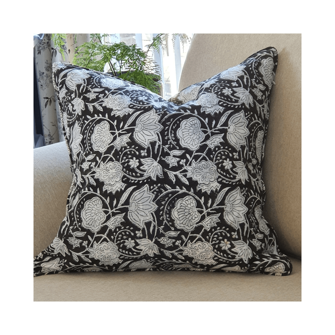 2 1x Kolka Black Floral Lounge Decorative Cushion Soft Cotton Cover - Black, 2 of 2