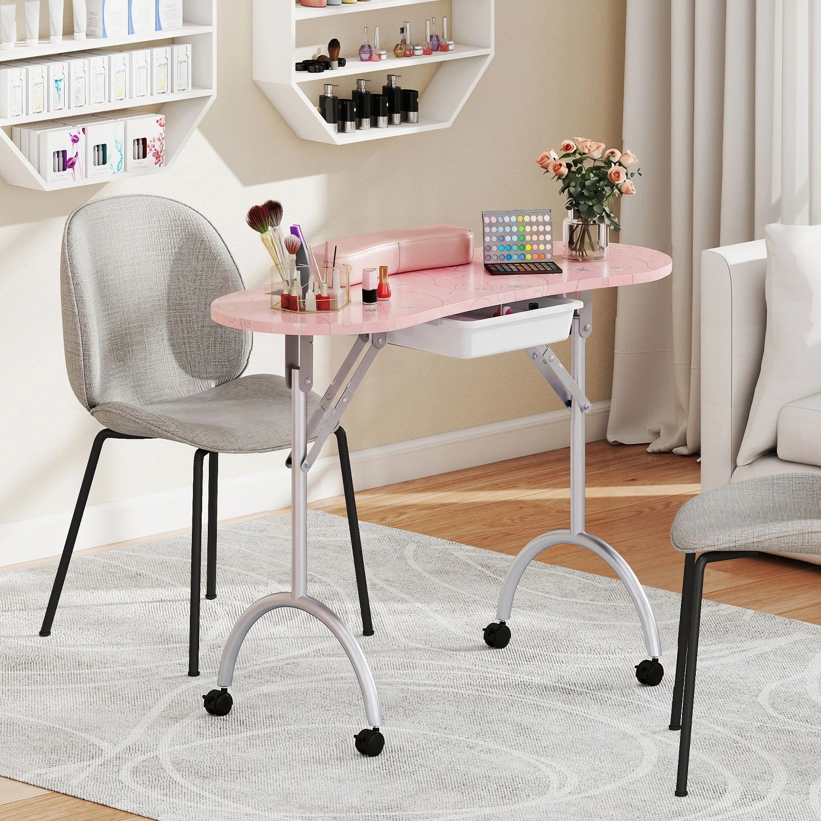 3 Costway Foldable Manicure Table w/Wheels Professional Nail Technician Desk - Pink, 3 of 5