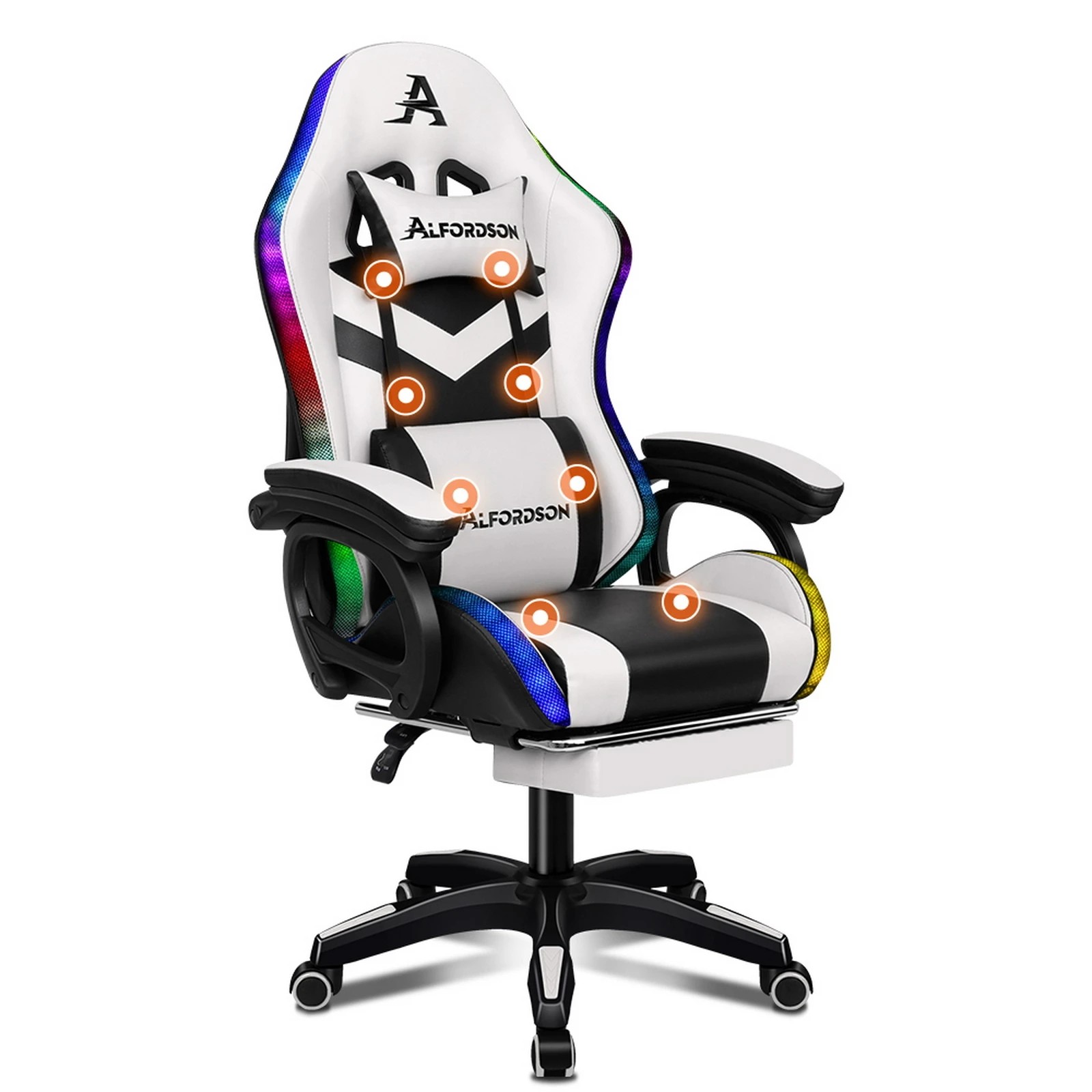1 Alfordson Gaming Office Chair 12 RGB LED Massage Computer Seat Footrest - White, 1 of 10