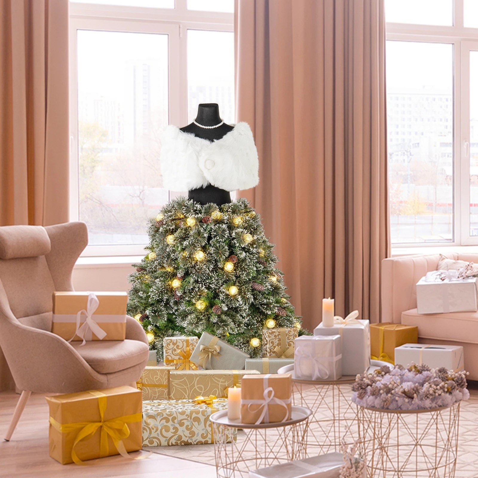 2 Costway 1.5M Pre-lit Mannequin Artificial Christmas Tree Hinged Dress Form Xmas Tree, 2 of 5