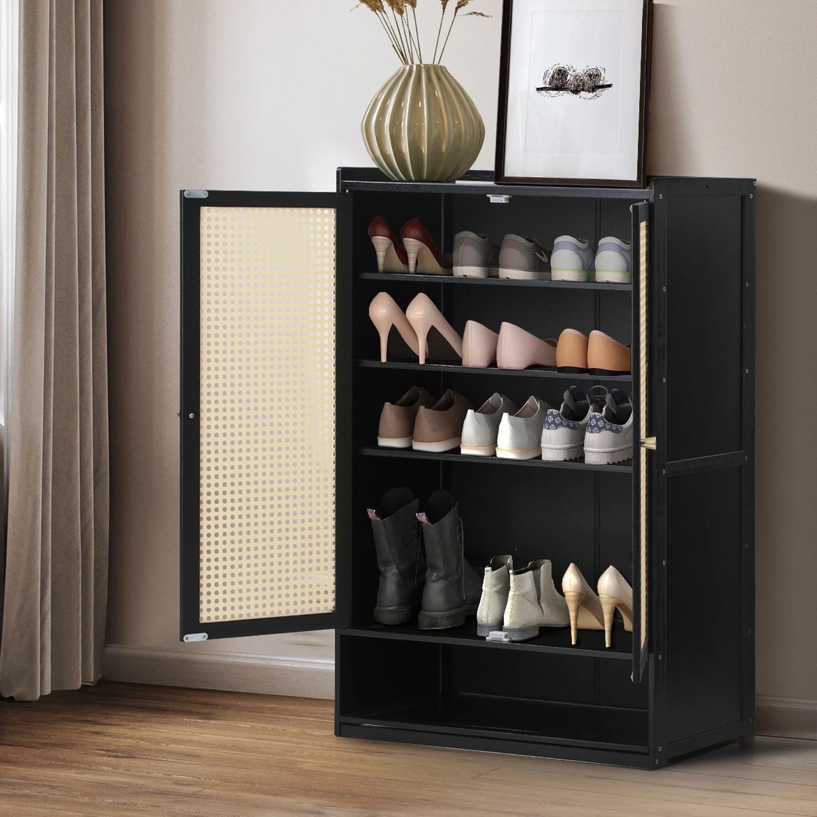 3 Oikiture Shoe Storage Cabinet Shoes Rack Organiser Shelf 2 Doors Rattan
 - Black, 3 of 10