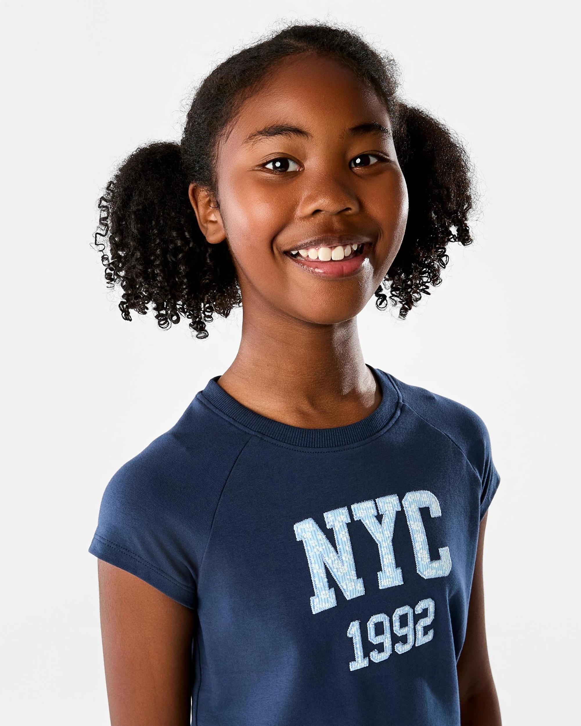 3 Short Raglan Sleeve Patchwork T-shirt Blue Text, 3 of 8