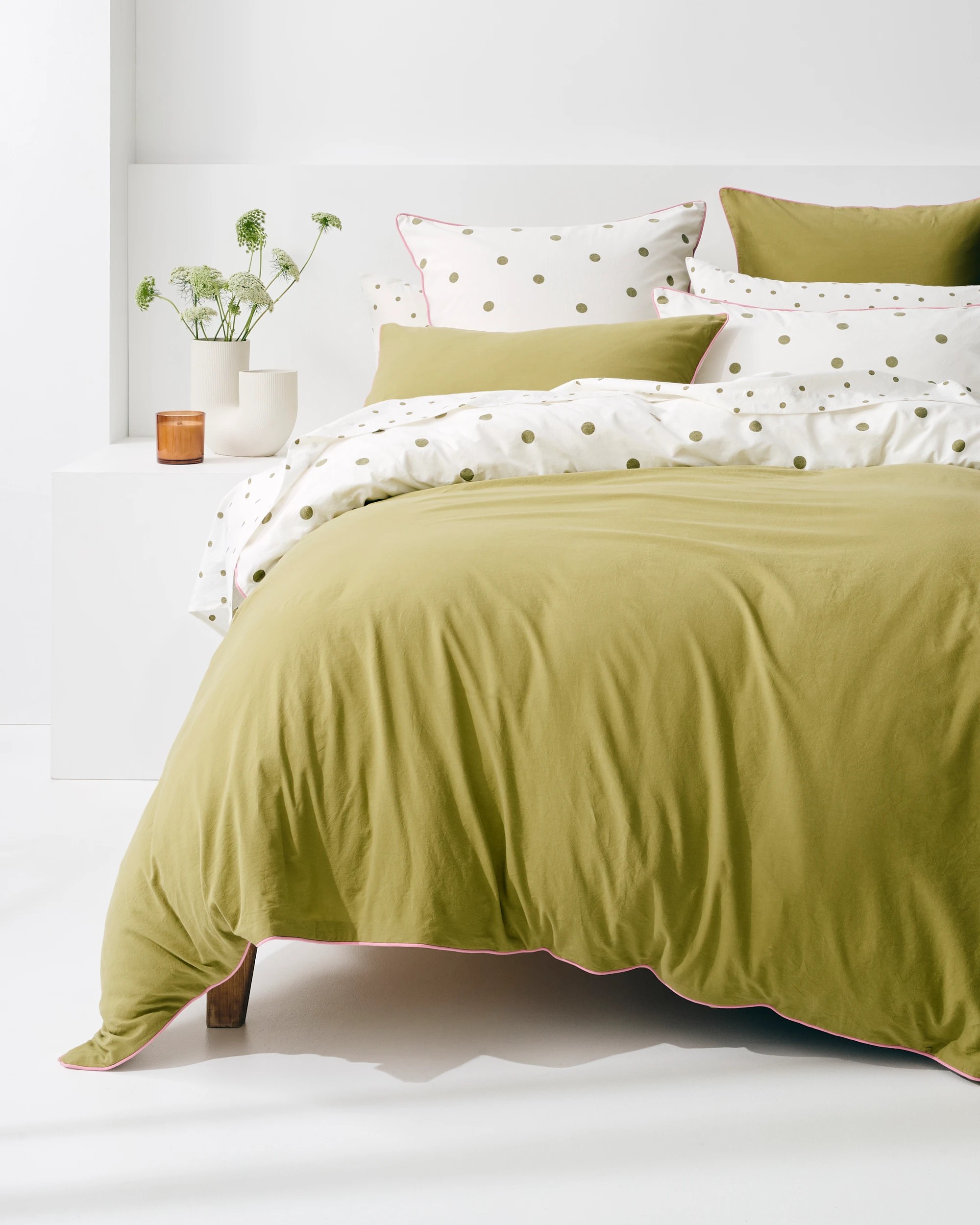 1 Arlo Polka Dot Stonewash Cotton Quilt Cover Set - Queen Bed - Green, 1 of 10