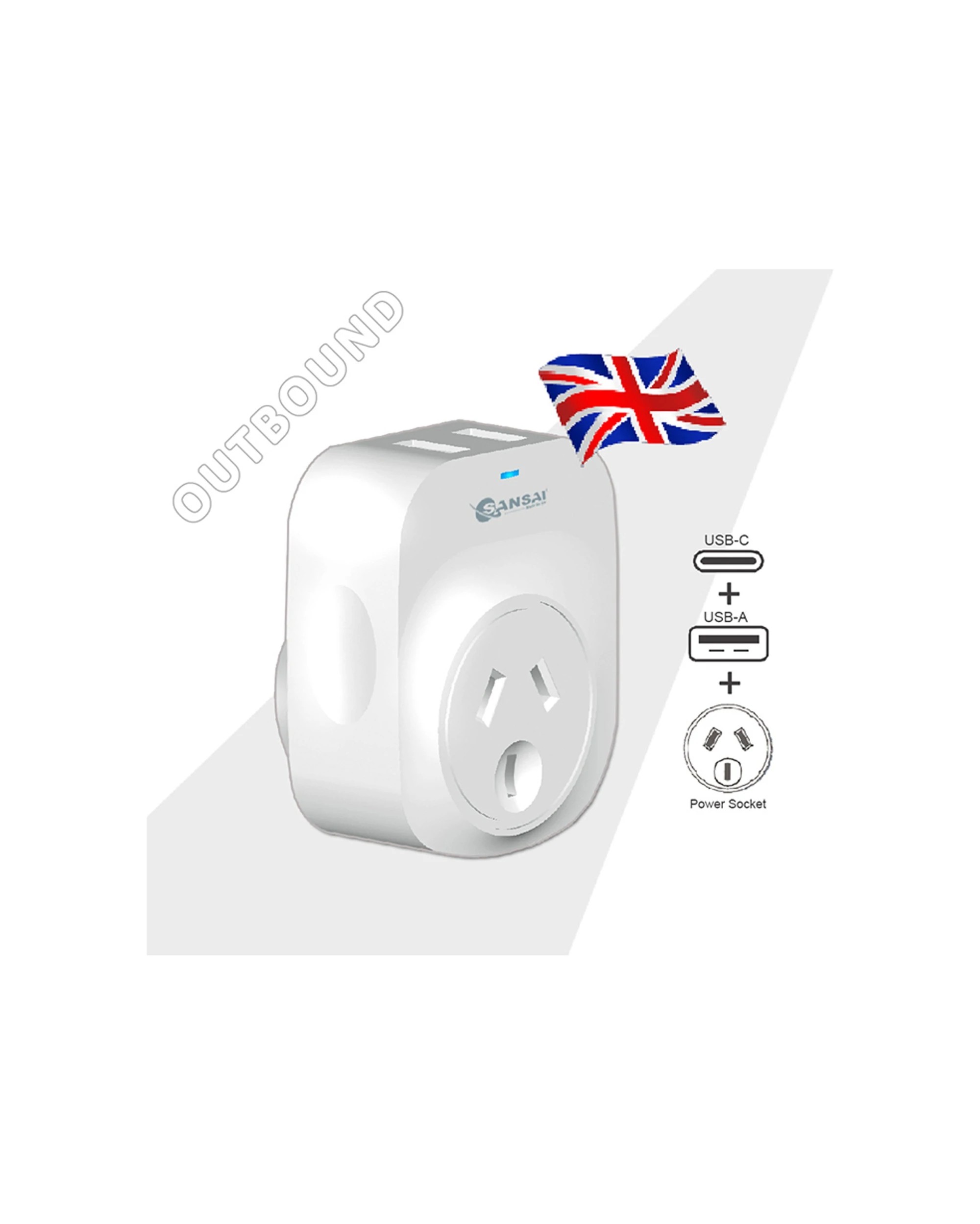 2 Sansai Surge Protected Travel Adapter with USB-C And USB-A Port AU UK Region - White, 2 of 3