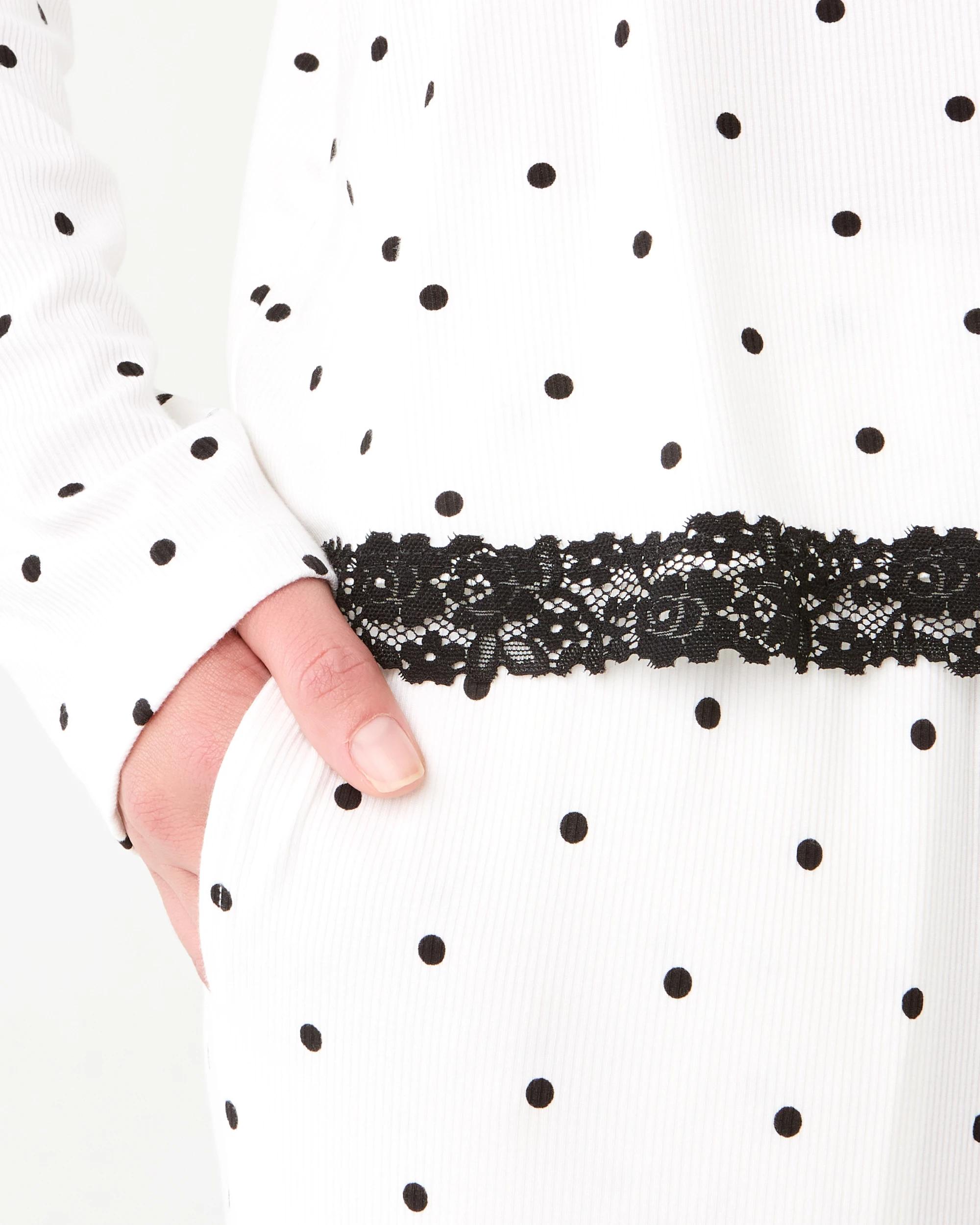 8 Viscose Rib Lace Trim Button Through Top Dots White, 8 of 9