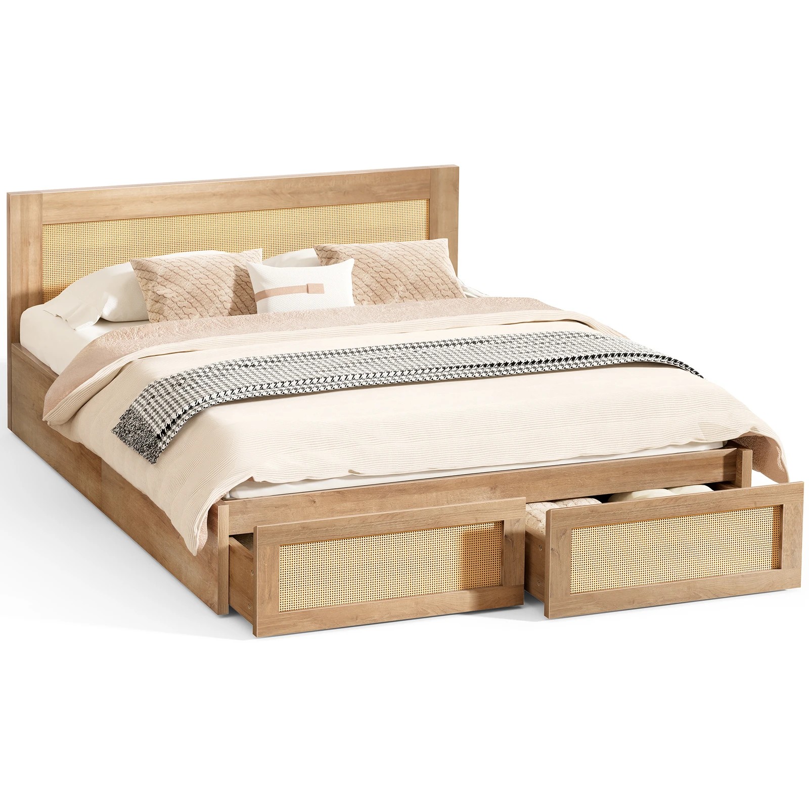 1 Alfordson Wooden Bed Frame Queen Size Rattan Bed Base with Storage Drawers - Oak, 1 of 10