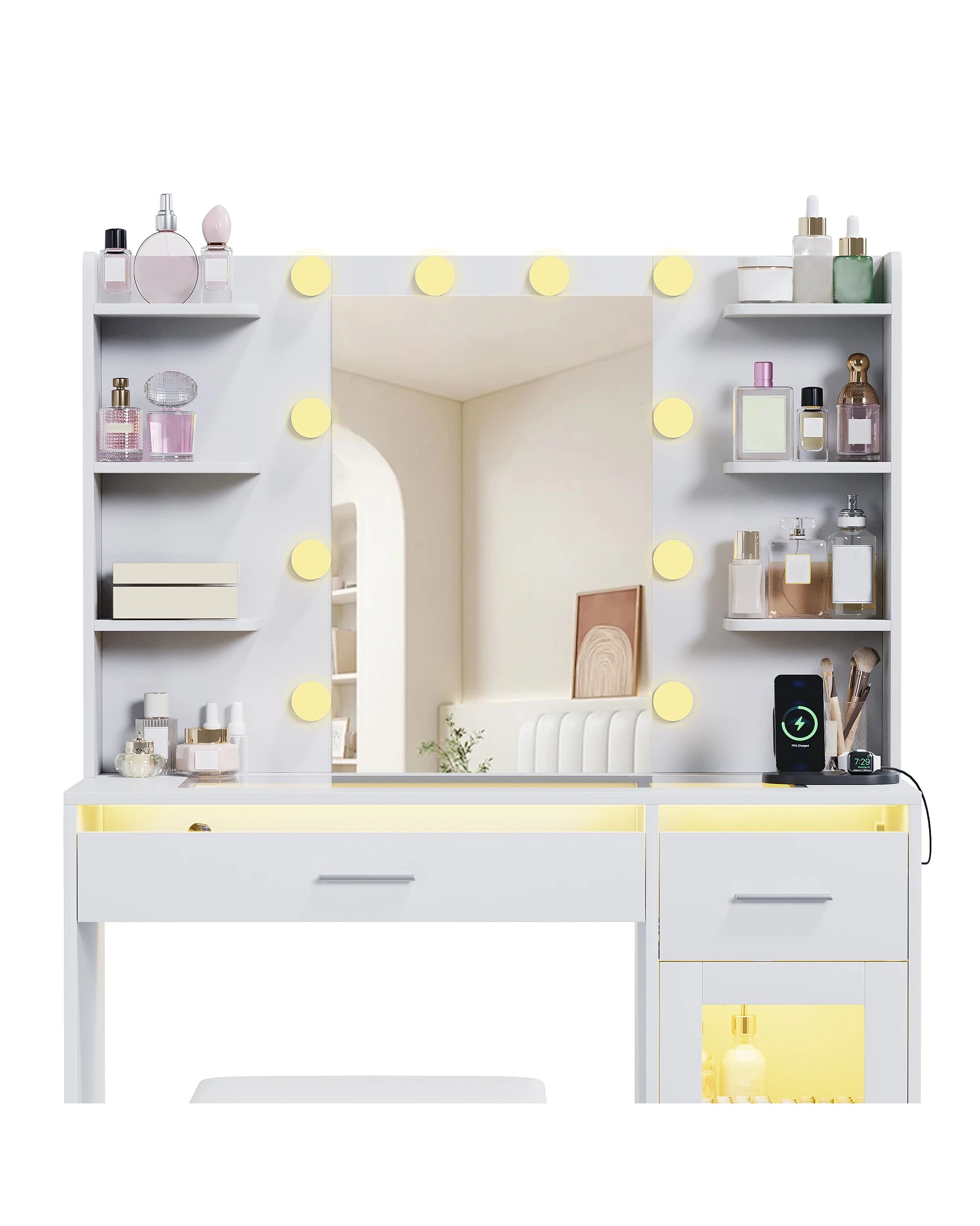 4 Advwin Dressing Table Vanity Desk with Glass Tabletop & Cabinet LED Light Charging Station - White, 4 of 9