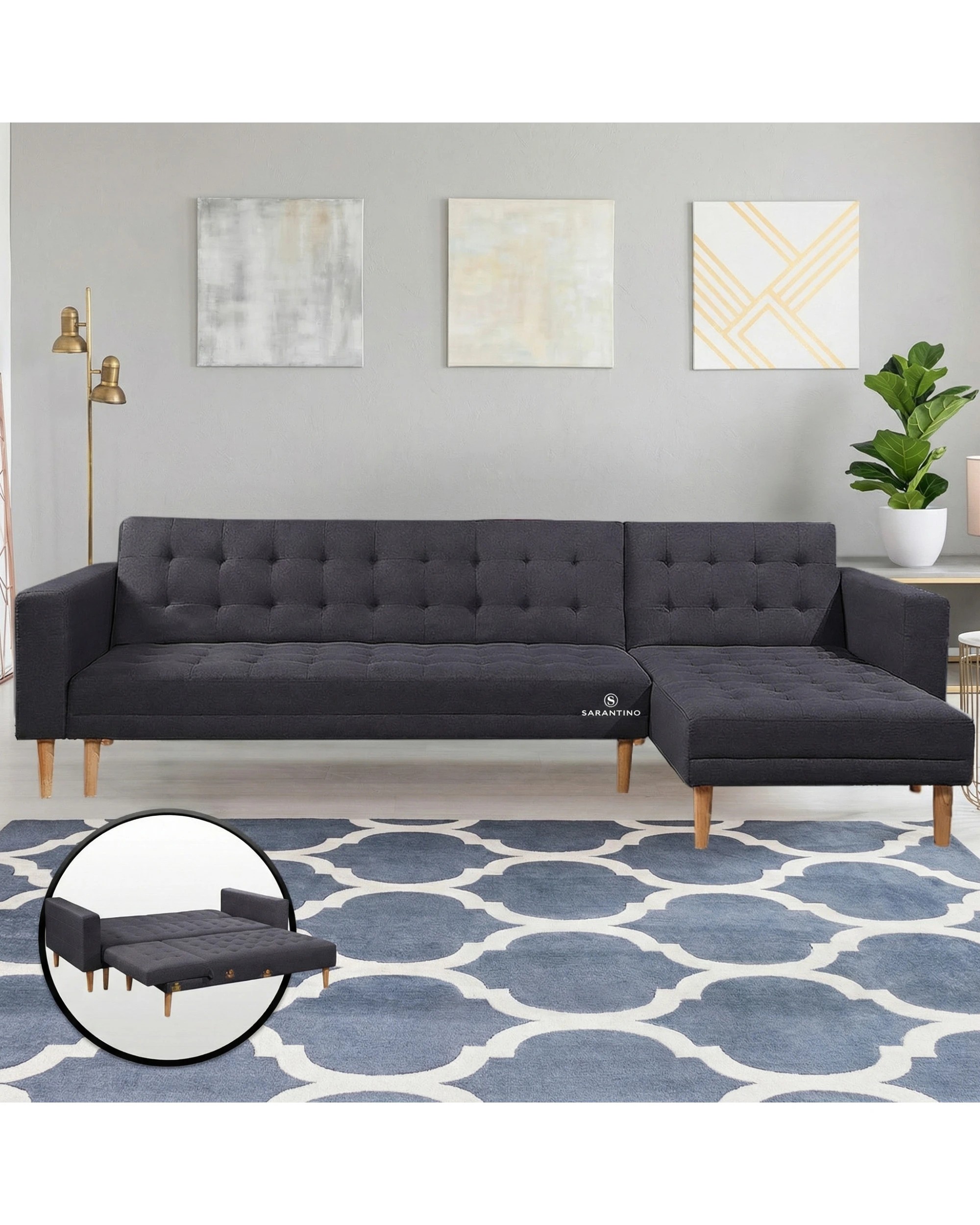 2 Sarantino Linen Fabric Corner Sofa Bed Couch Lounge with Chaise Dark Grey - Grey, 2 of 7