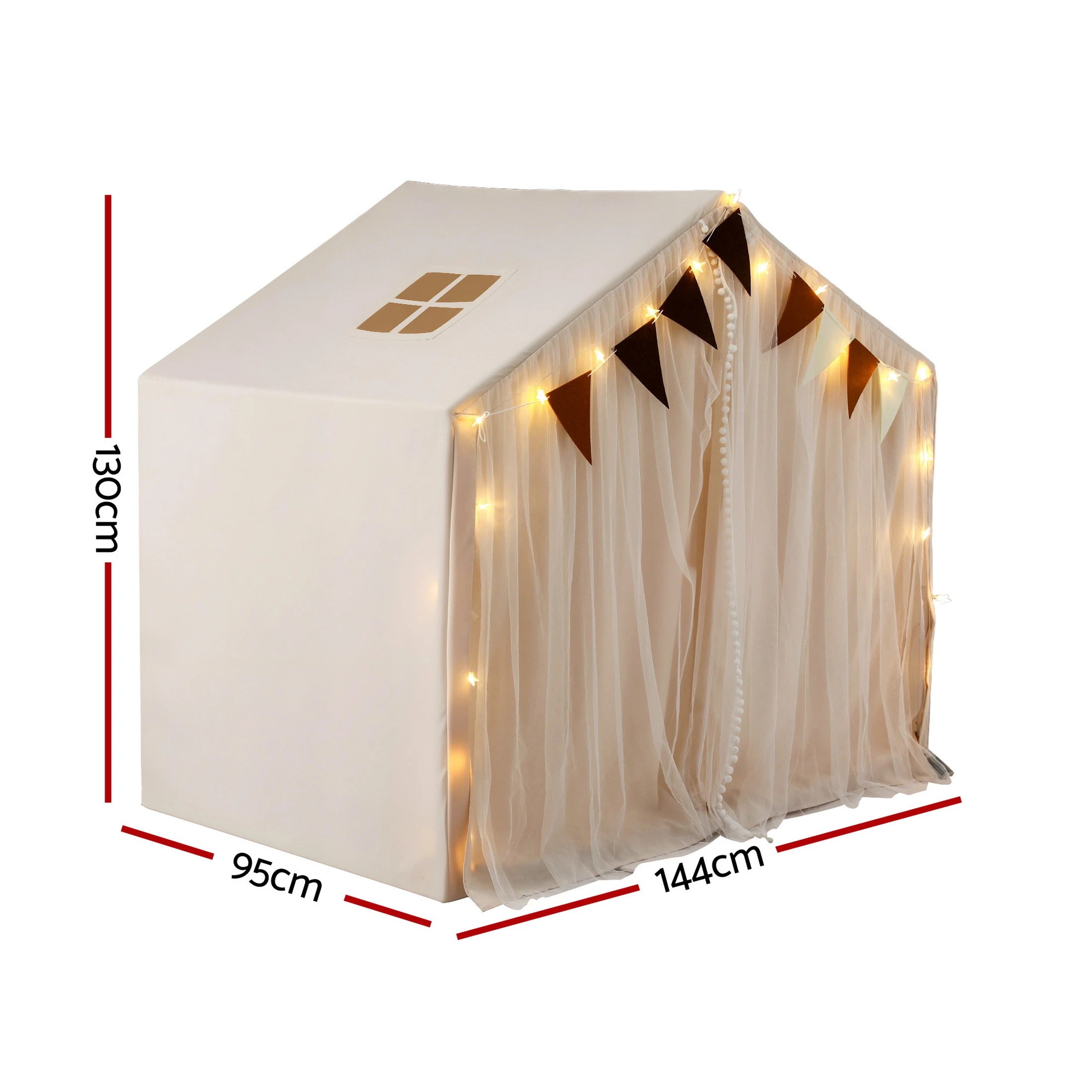 2 Keezi Kids Play Tent with Star Lights, Windows & Flag – 144x95cm Indoor Playhouse - Beige, 2 of 8
