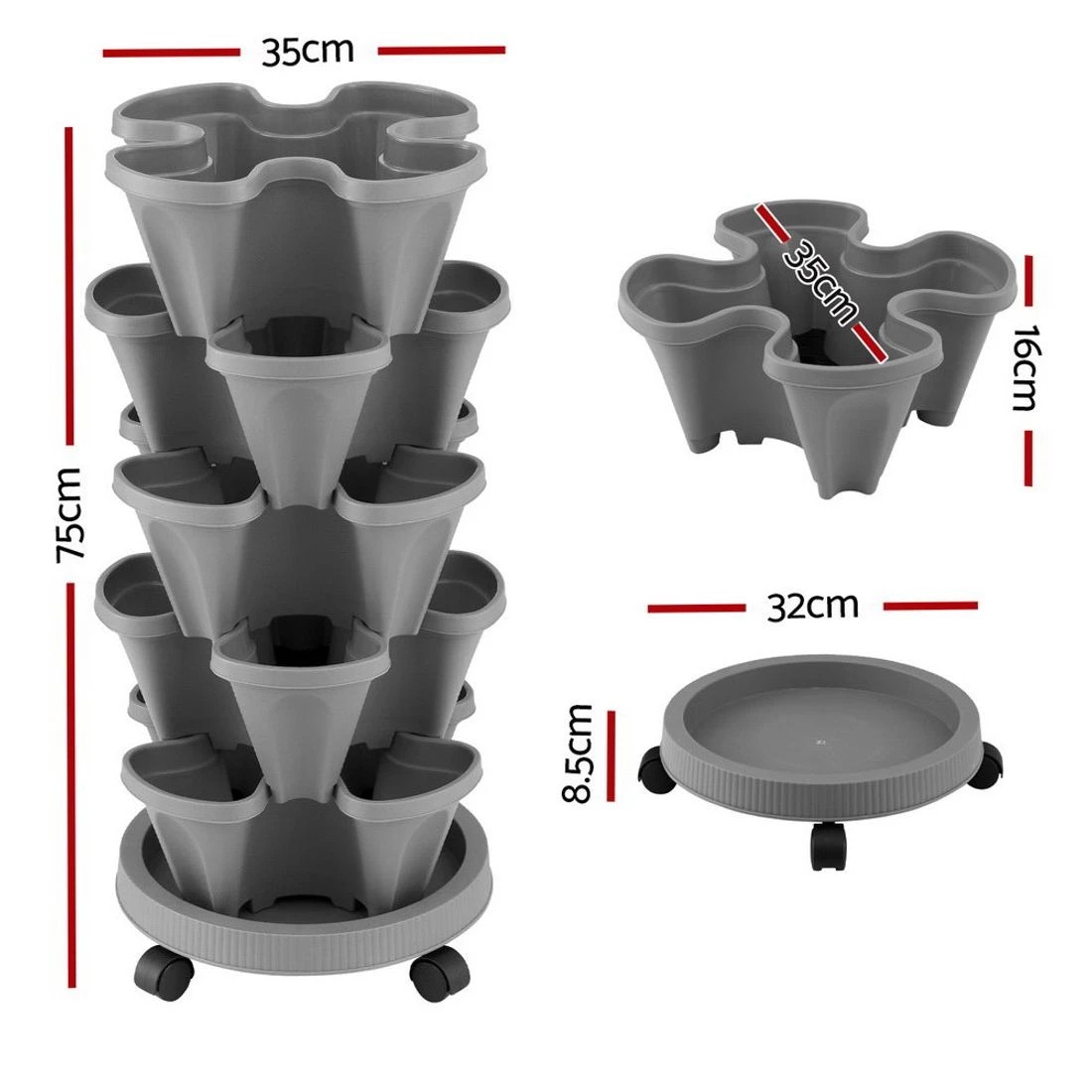 2 Green Fingers Raised Garden Bed 5 Tier Vertical Garden Strawberry Stackable Planters Herbs Petunias - Grey, 2 of 5