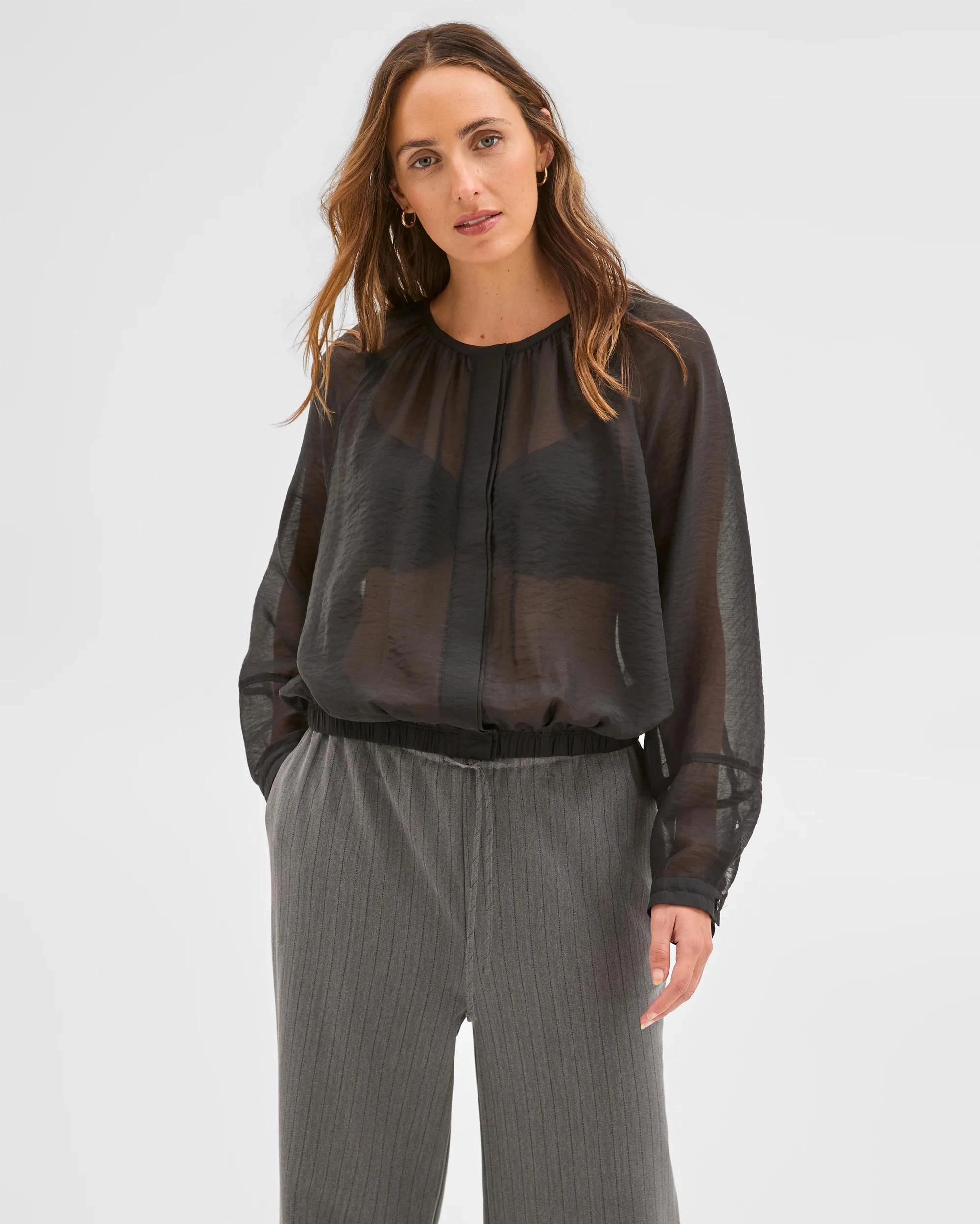 1 Preview Long Raglan Sleeve Gathered Blouse BLACK, 1 of 6