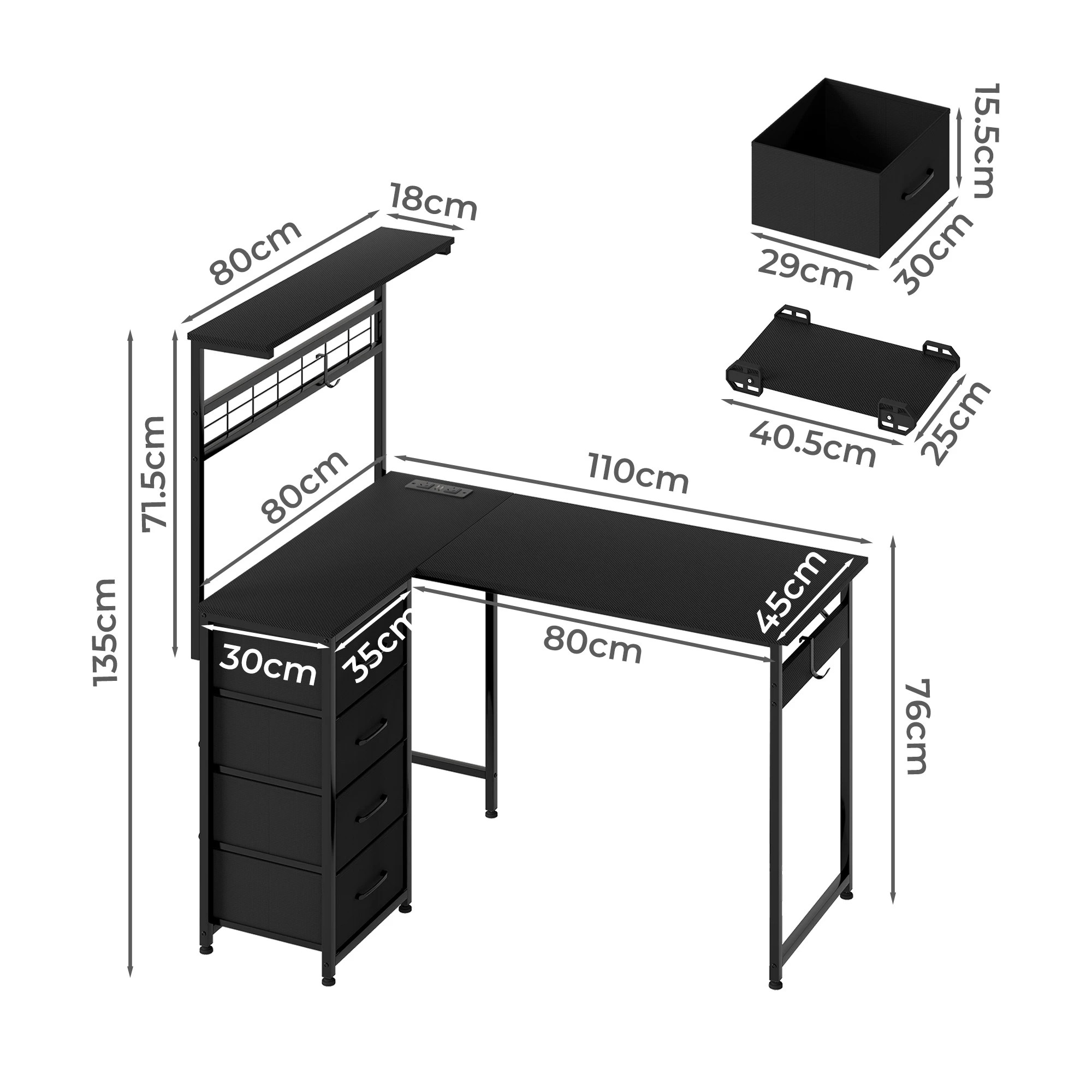 3 Levede  L-shaped Computer Desk with Drawers - Black, 3 of 9