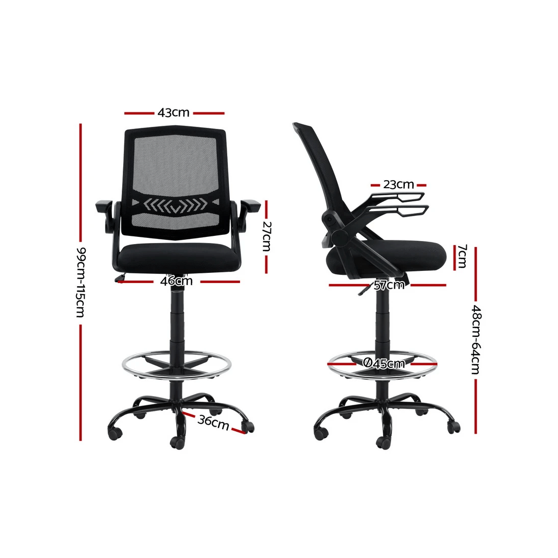 2 Artiss Office Chair Drafting Stool Mesh Chairs - Black, 2 of 7