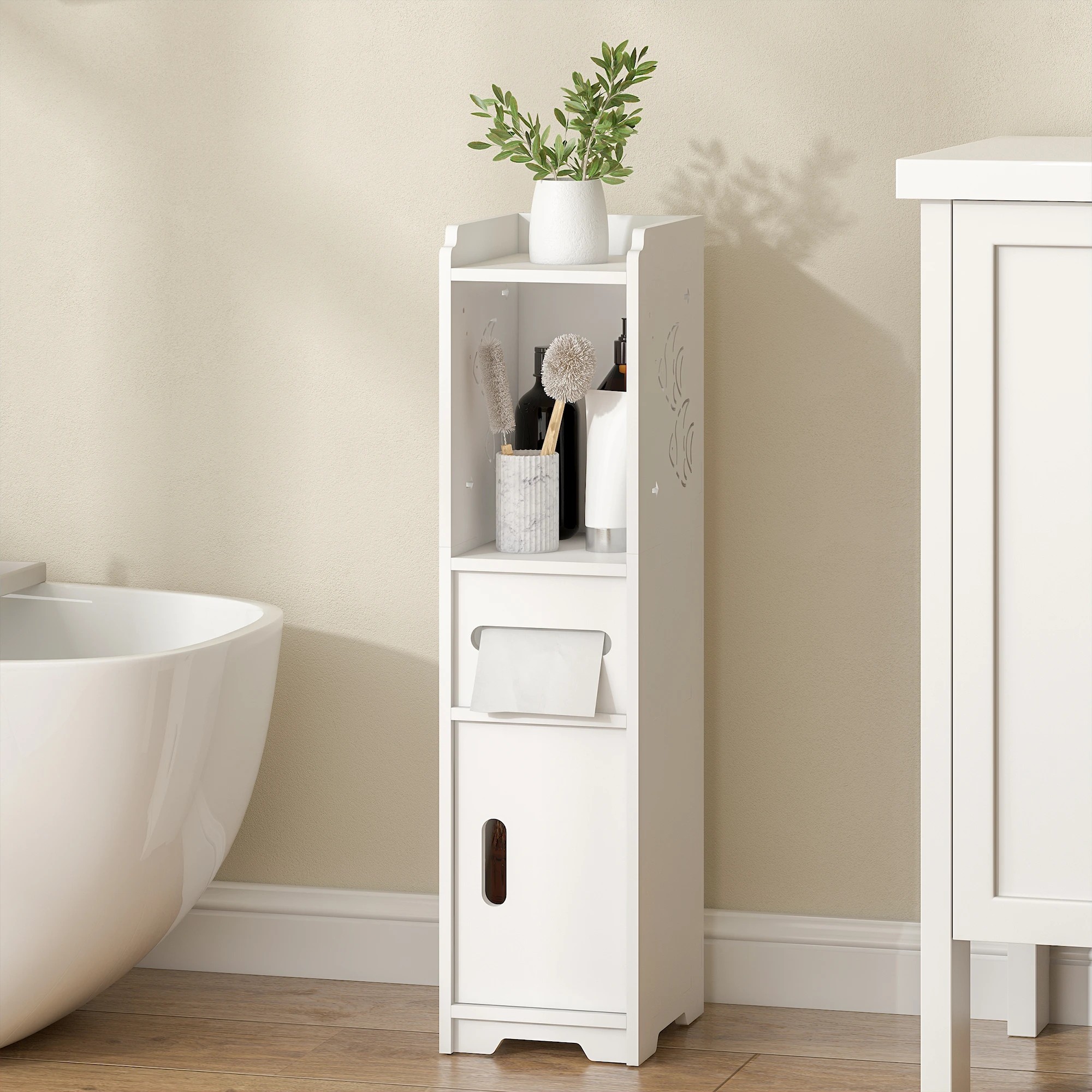 8 Advwin Slim Bathroom Storage Cabinet PVC Narrow Storage Cupboard with Doors and Drawer  Floor Cabinet with Open Shelves, 8 of 9