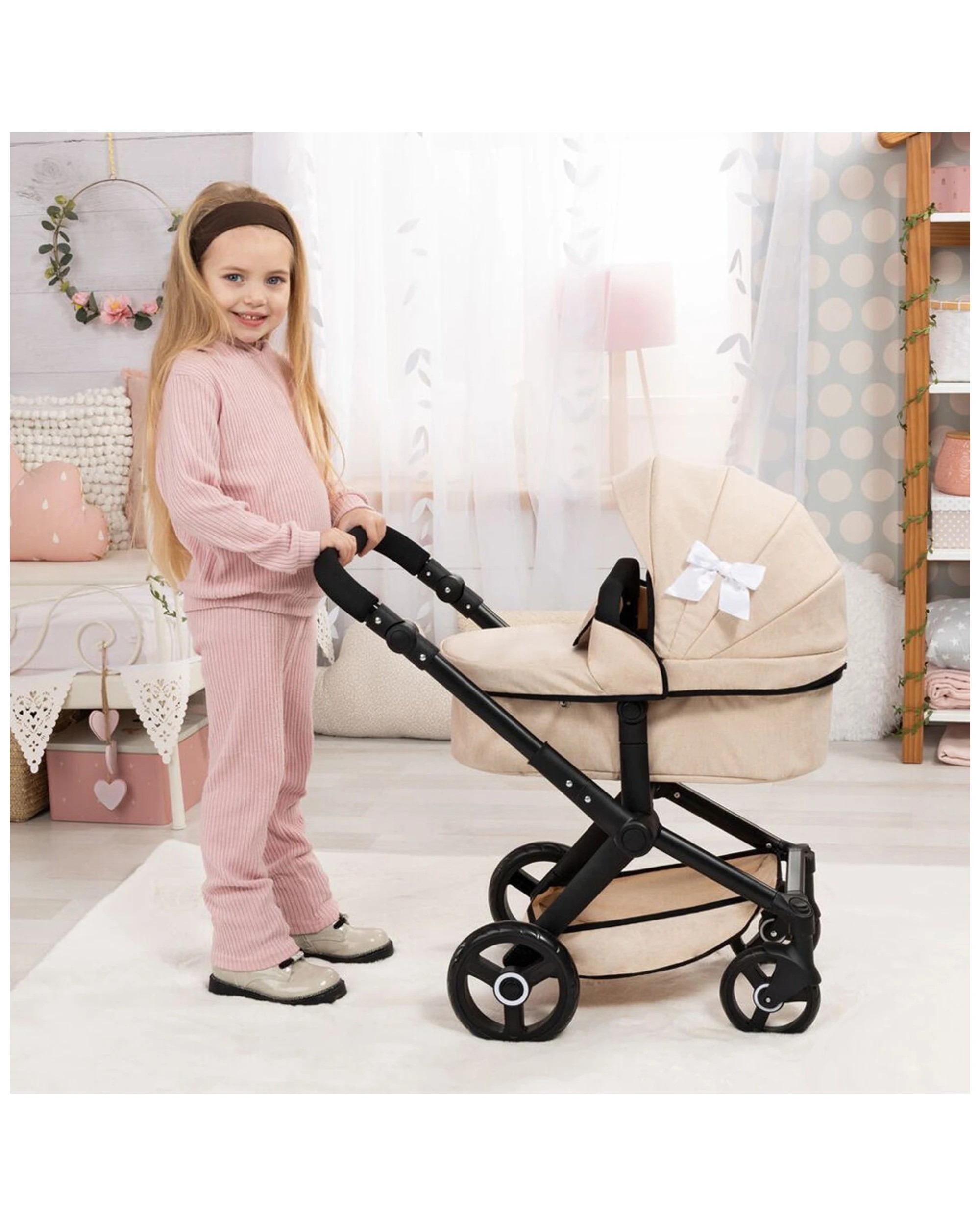 4 BAYER XEO Doll Pram Pretend Play Adjustable Handle Reversible Kids Stroller
 - beige, 4 of 5