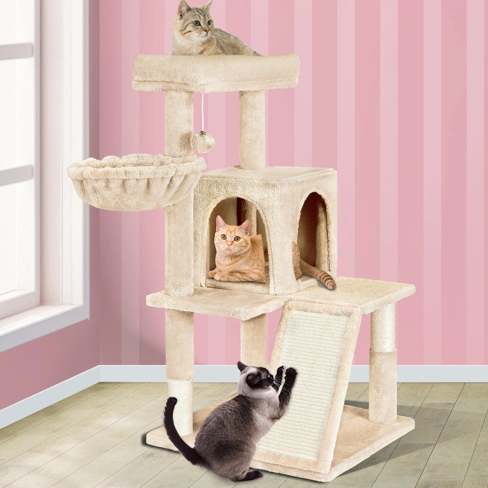 2 Beastie Cat Tree Scratching Post Scratcher Tower Condo House Furniture Wood 100cm - Beige, 2 of 7