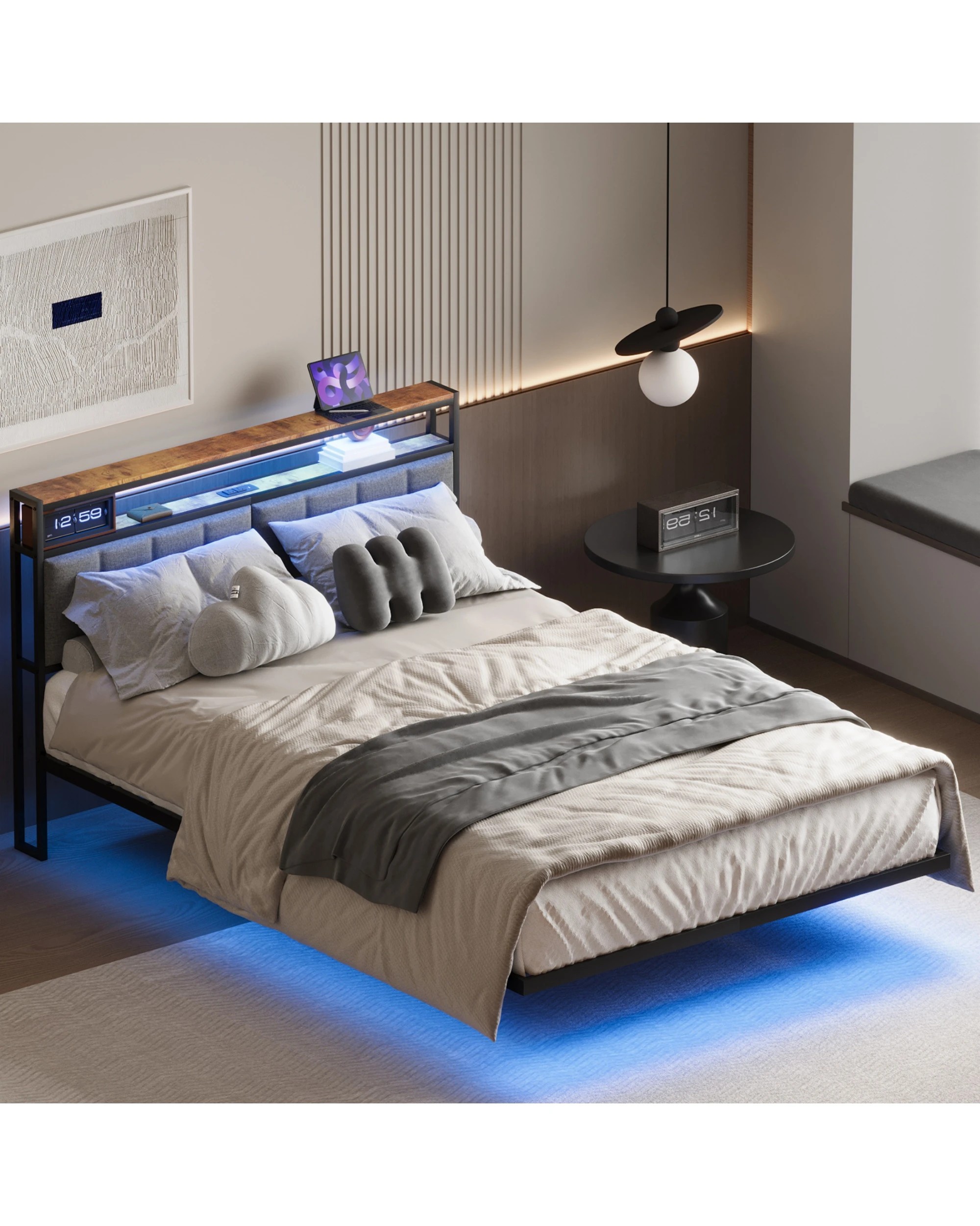 2 Advwin Queen Size Floating Bed Frame with Headboard Led Light & Charging Station, 2 of 8