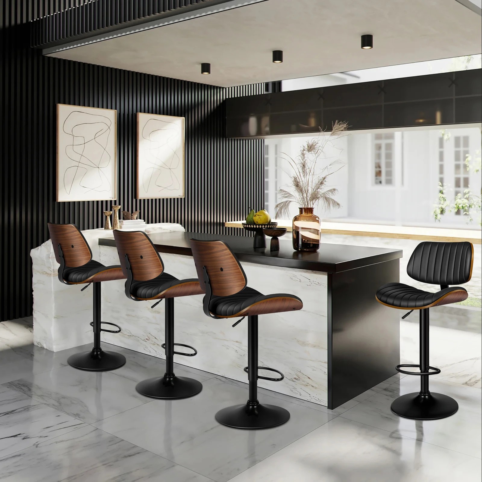 9 Alfordson 2x Bar Stools Kitchen Swivel Chair Wooden Leather Gas Lift - Black, 9 of 9