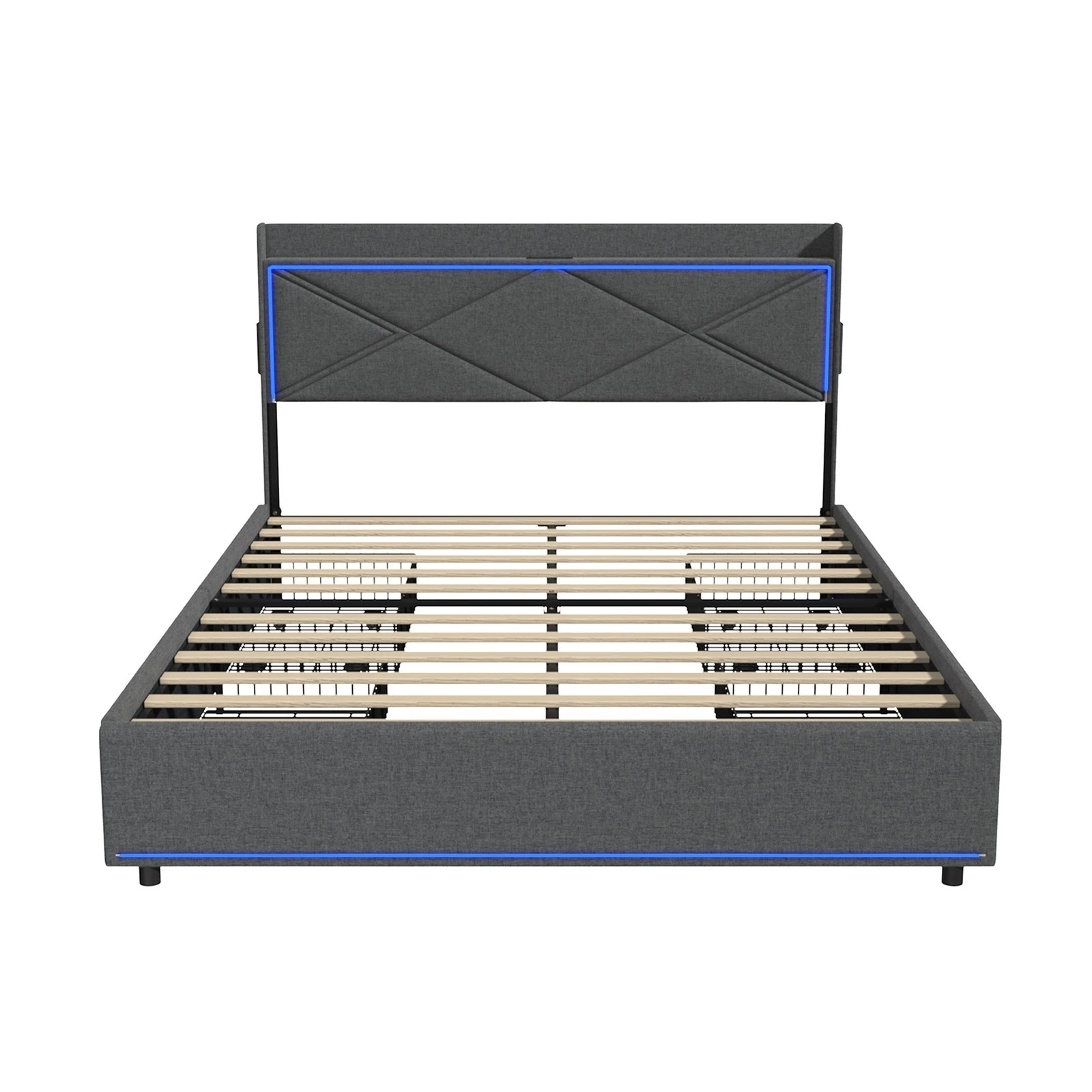 5 Oikiture Bed Frame Queen Size RGB LED Storage Headboard 4 Drawers USB Charge - Grey, 5 of 5