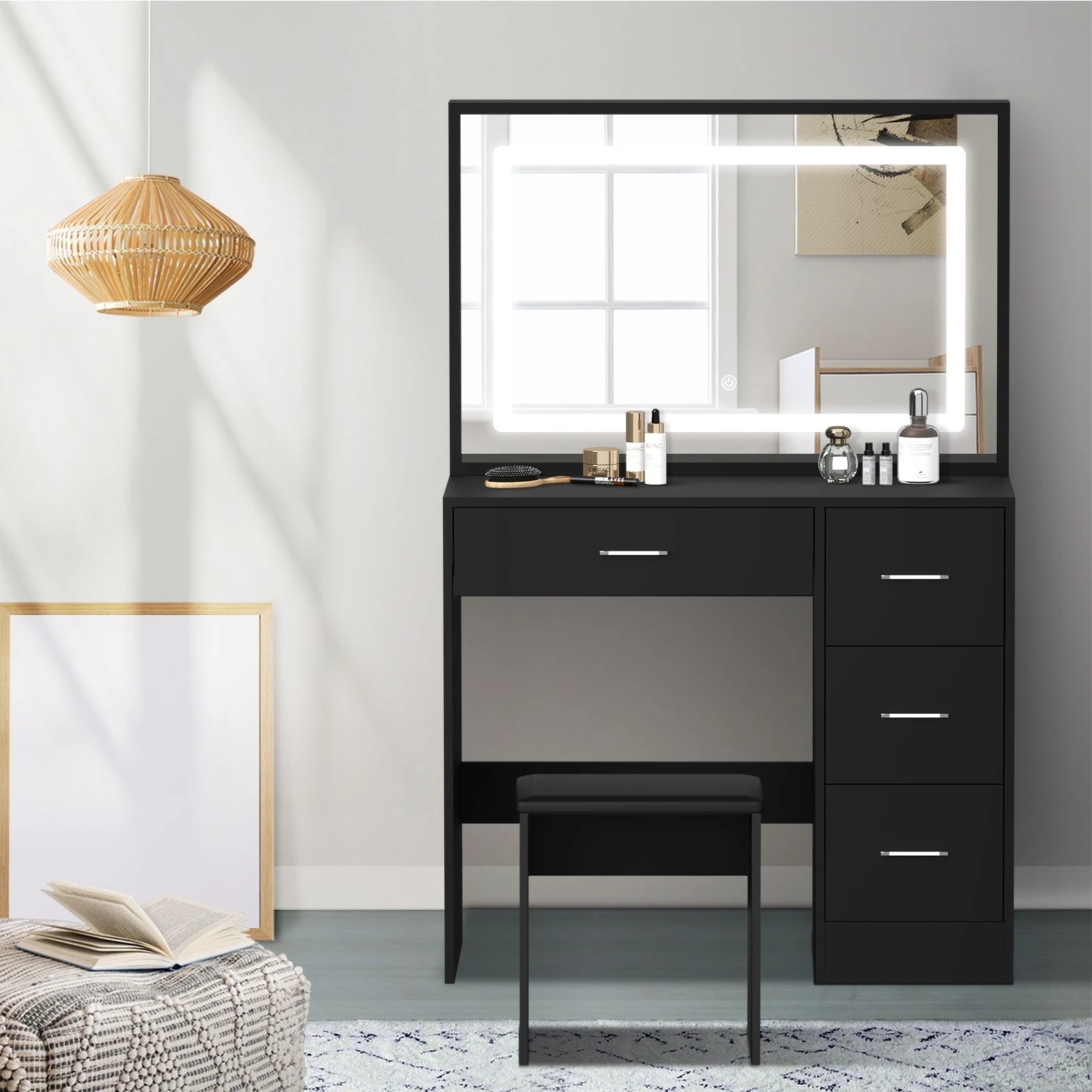 3 Oikiture Dressing Table Stool Set Large Makeup Mirror Led Light Vanity
 - Black, 3 of 9