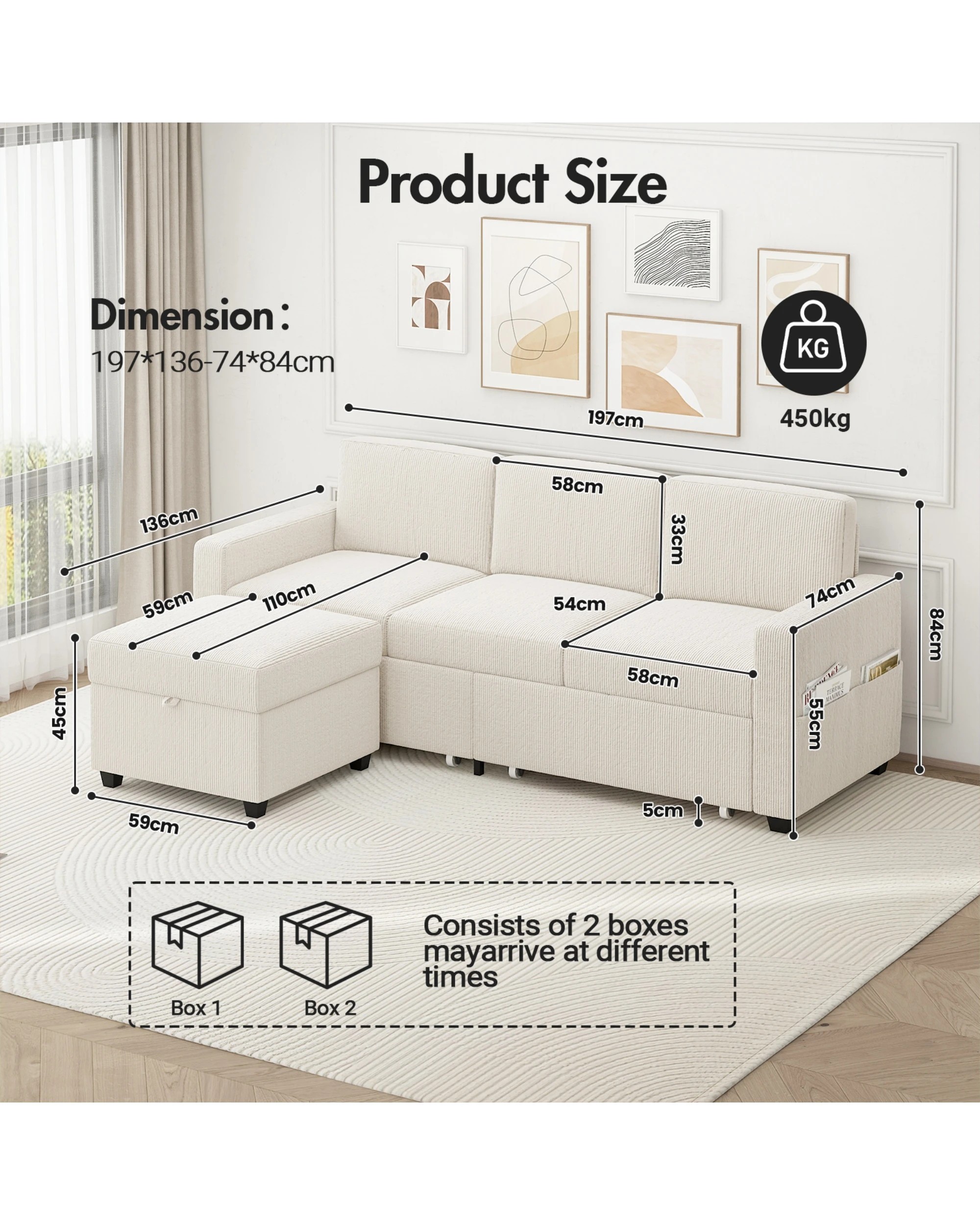 2 Advwin 3 Seater Sofa 197cm Corduroy Modular Corner Couch W/ Storage Ottoman & Drawers Lounge Chaise, 2 of 9