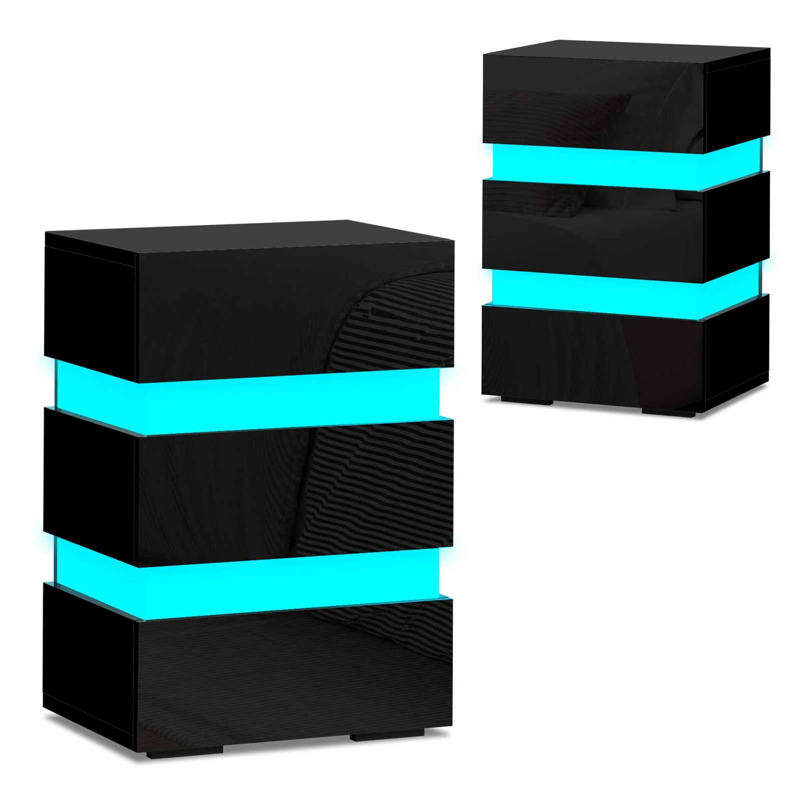 1 Alfordson 2x Bedside Table LED Nightstand 3 Drawers Gloss - Black, 1 of 10