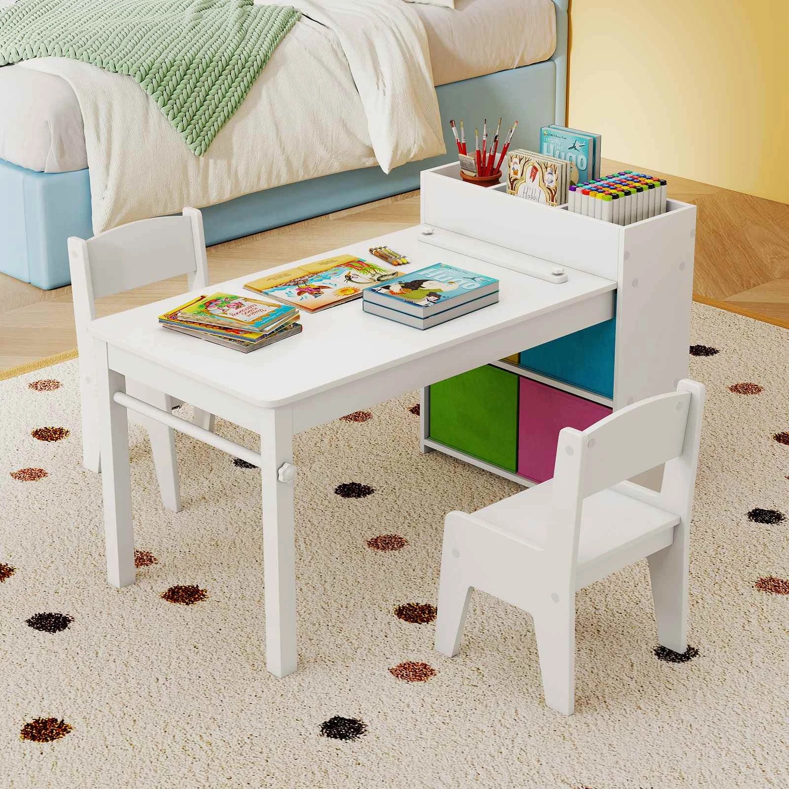 2 Costway Art Table Chairs Set Wooden Craft Study Desk w/Paper Roll Storage Shelves - White, 2 of 2