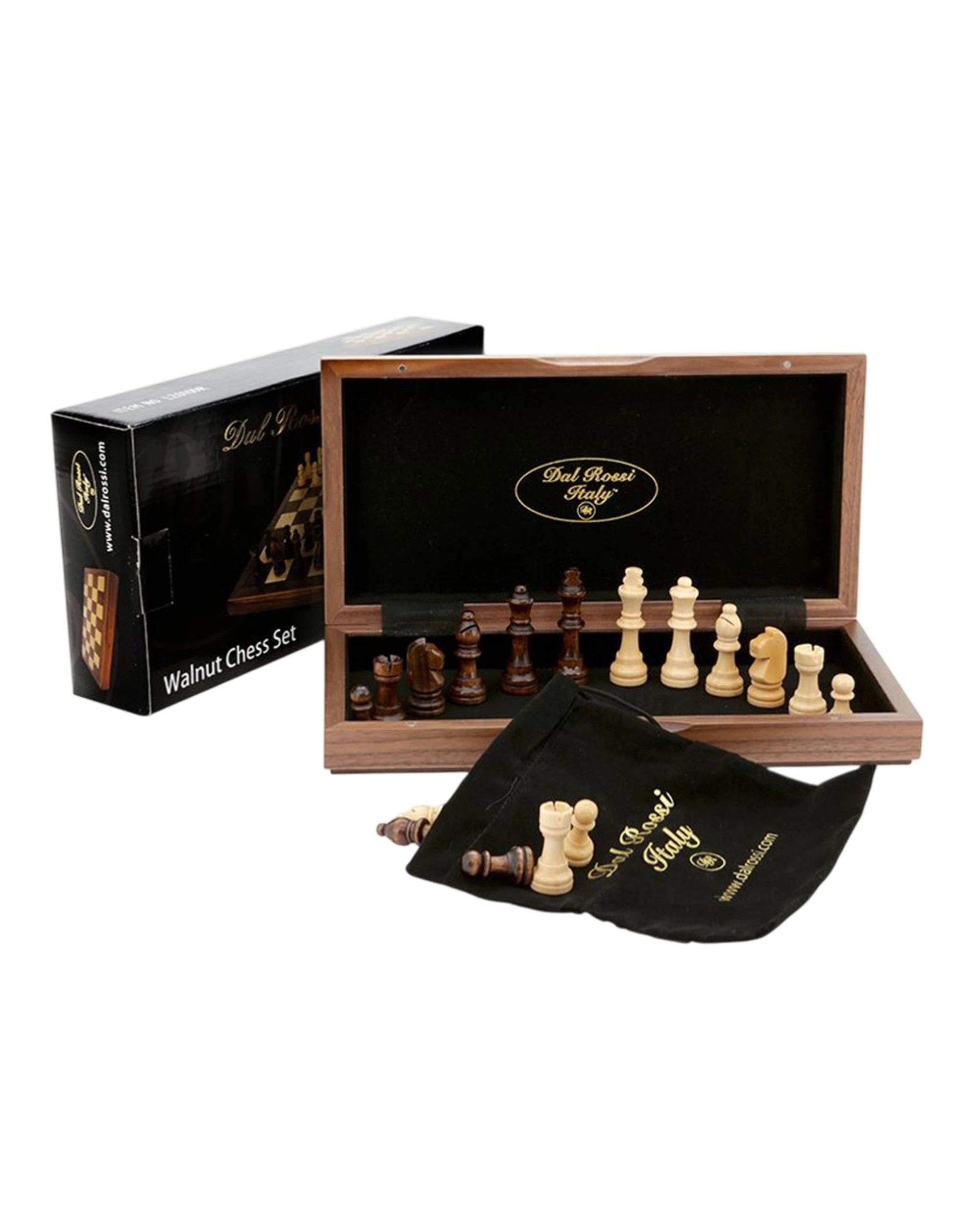 1 Dal Rossi 12 inch Walnut Inlaid Folding Chess Set, 1 of 3