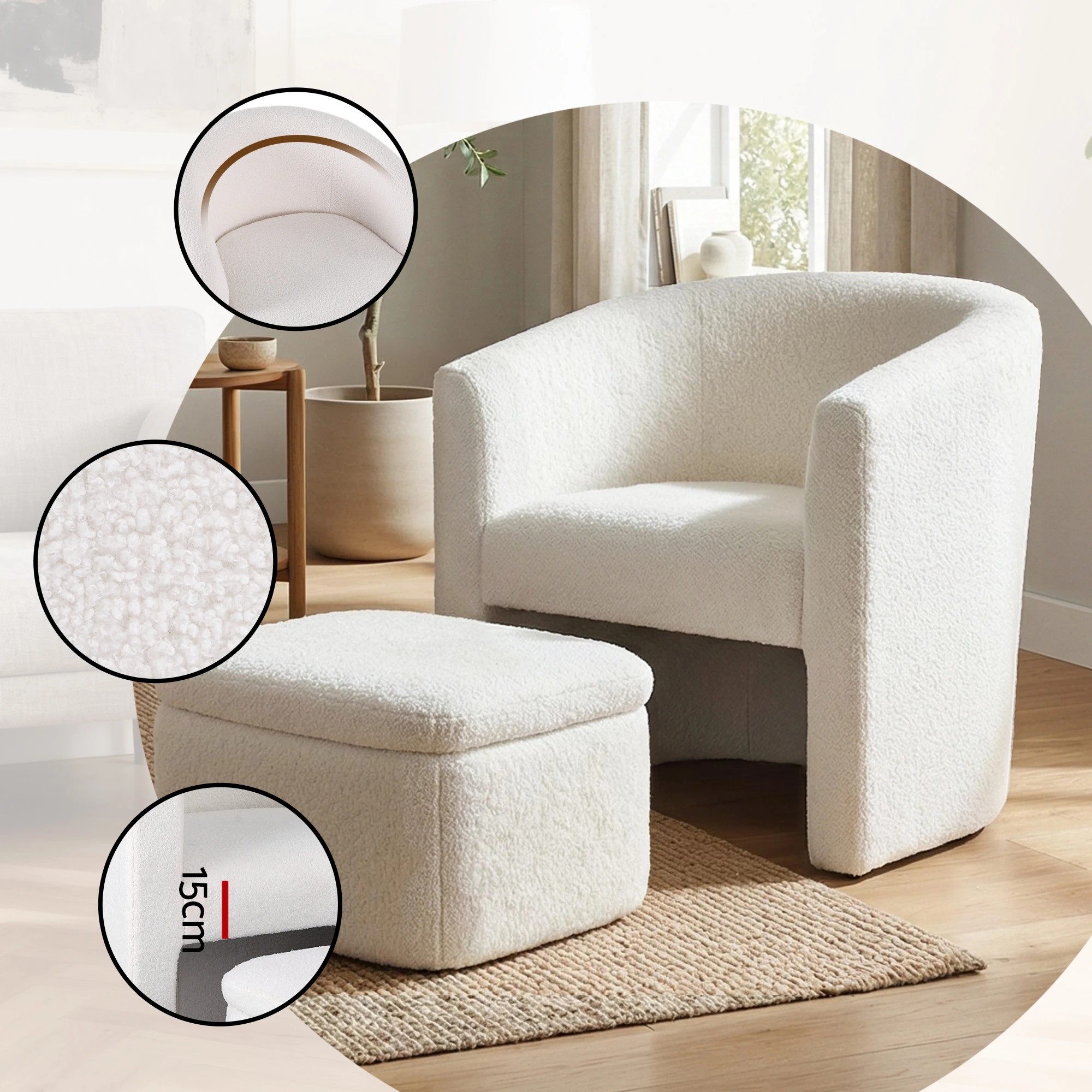 8 Artiss Armchair Accent Chair w/Ottoman Lounge Footrest Storage Boucle - White, 8 of 8