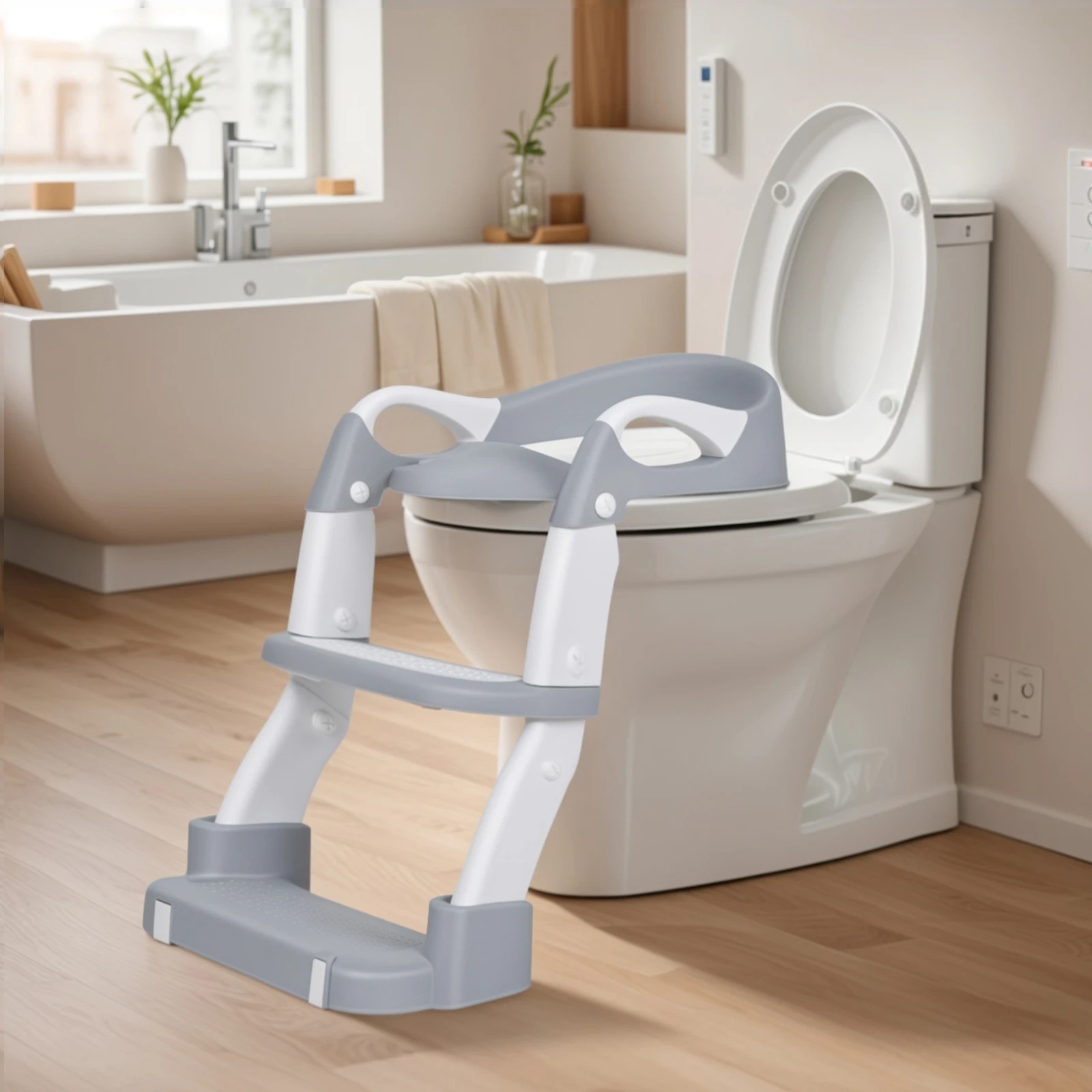 2 Advwin Foldable 2-in-1 Toddler Potty Training Seat with Stool Ladder Height Adjustable Toilet Training Seat - Grey, 2 of 10