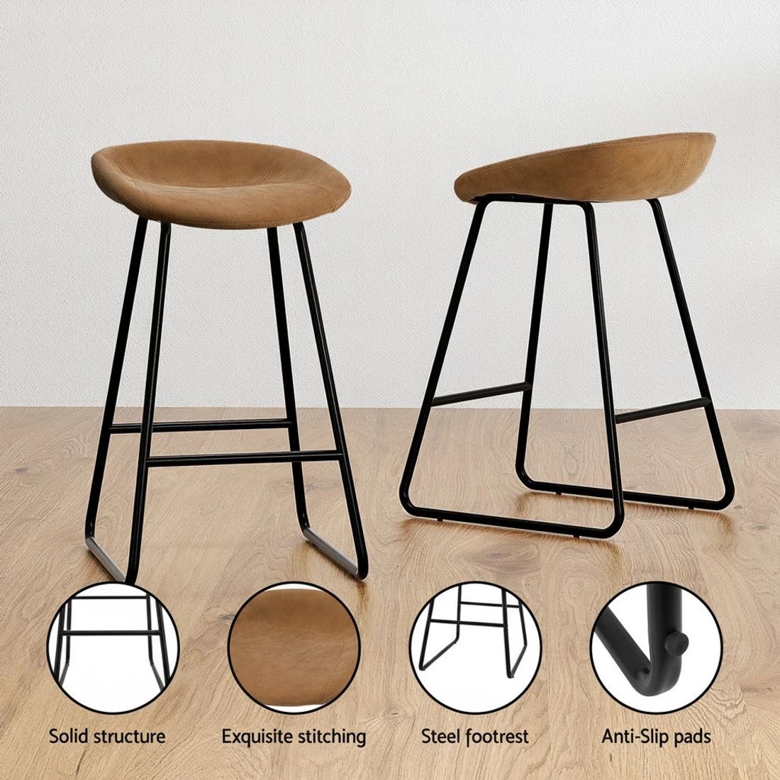 4 Artiss Set of 2 Bar Stools Kitchen Dining Chairs Counter Stool Leather - Brown, 4 of 5