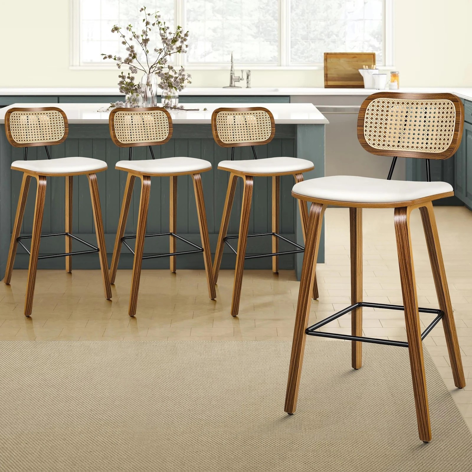 9 Alfordson 4x Bar Stools Kitchen Vintage Leather Seat Rattan Chair Wooden - White, 9 of 9