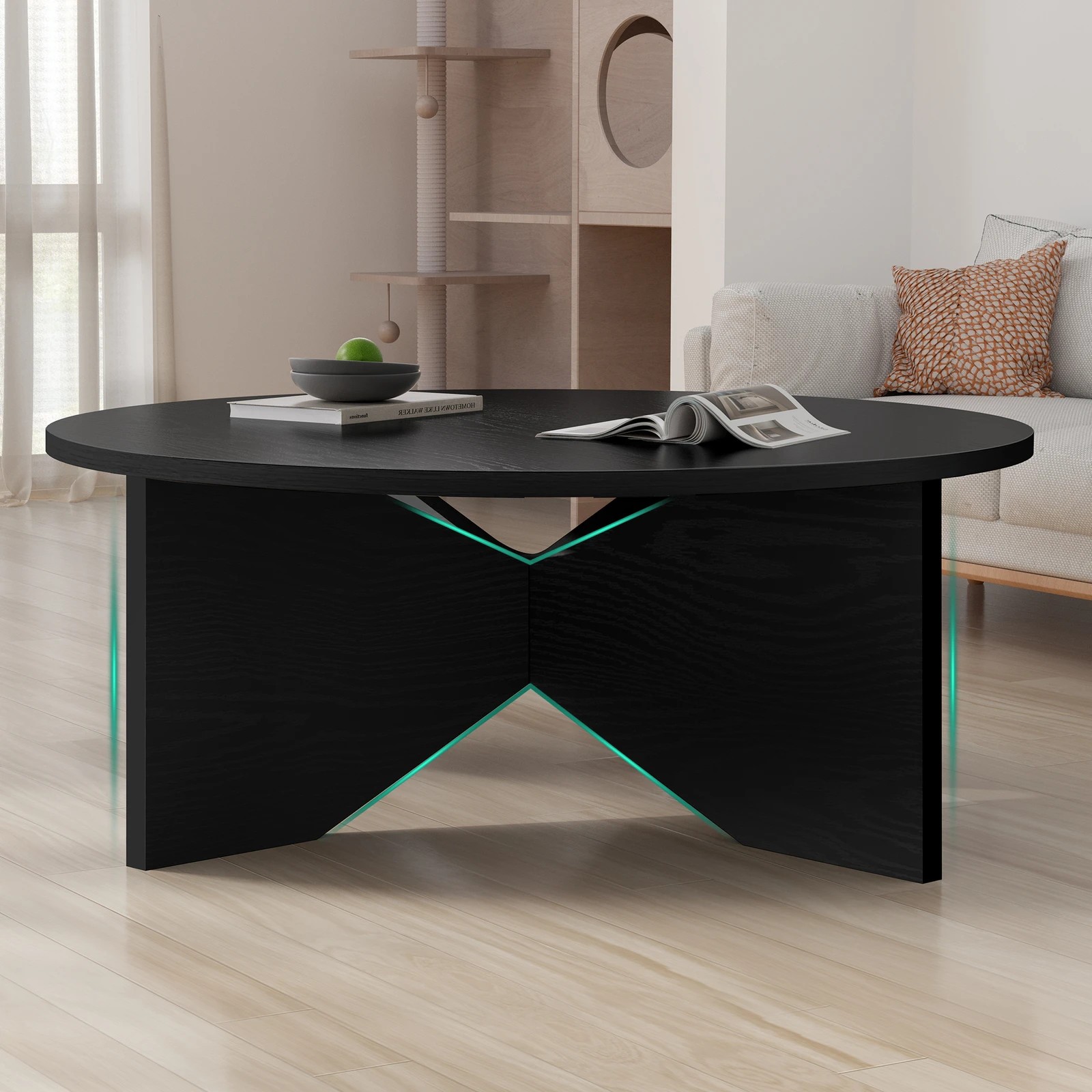 9 Alfordson Coffee Table Modern Round Table X-shape Wooden Legs Living Room - Oak, 9 of 10